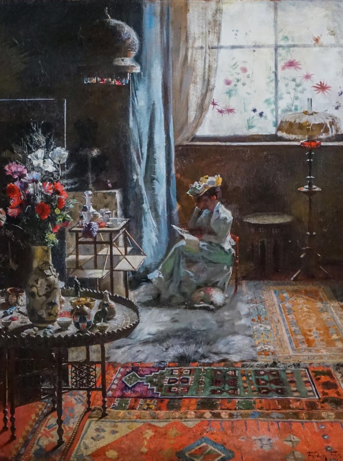Lady in White Hat In A Moorish Japonais Interior Reading  - Painting by Friedrich Fehr