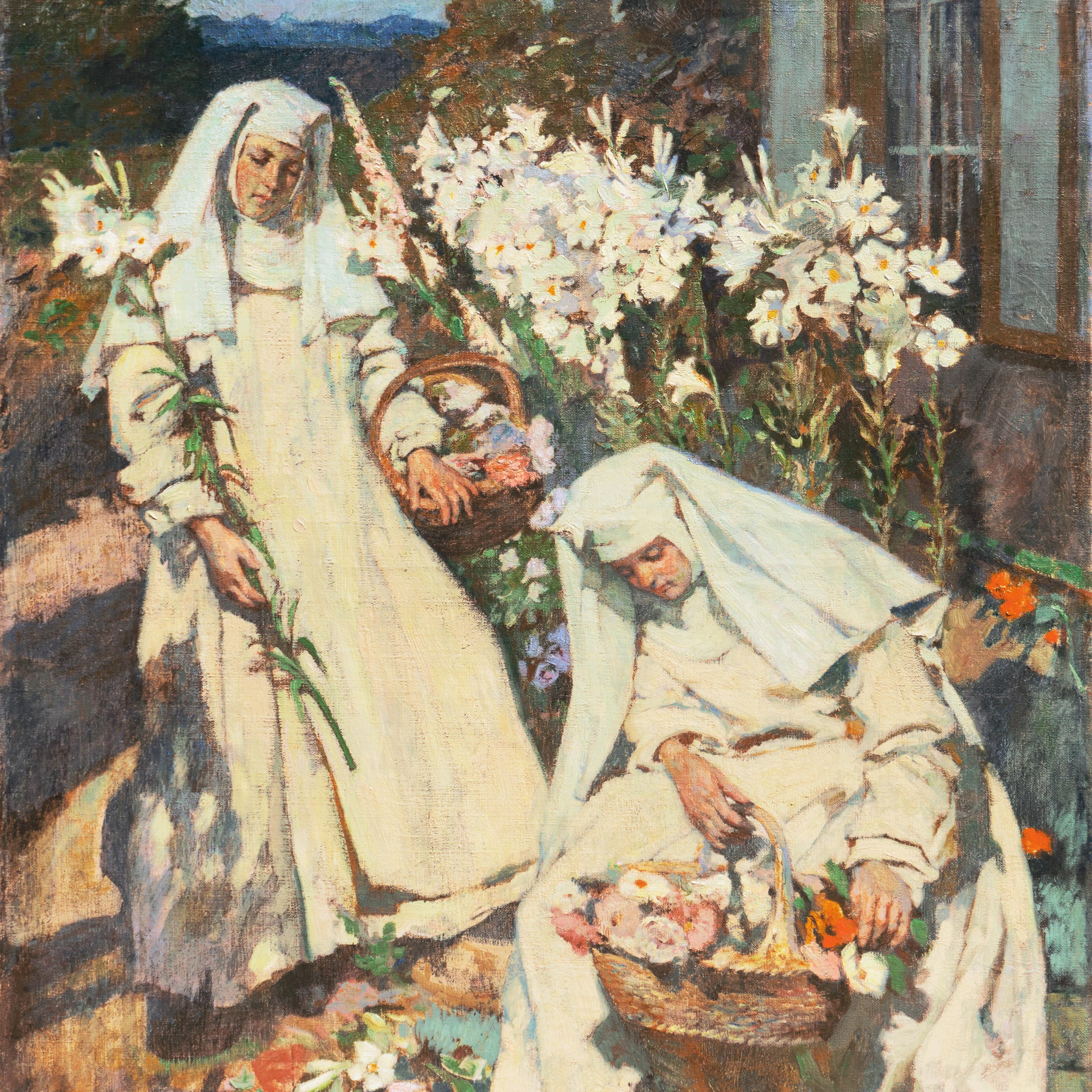 'Nuns Gathering Flowers', Munich School, Figural Oil, Karlsruhe Convent, Lilies - Impressionist Painting by Friedrich Fehr