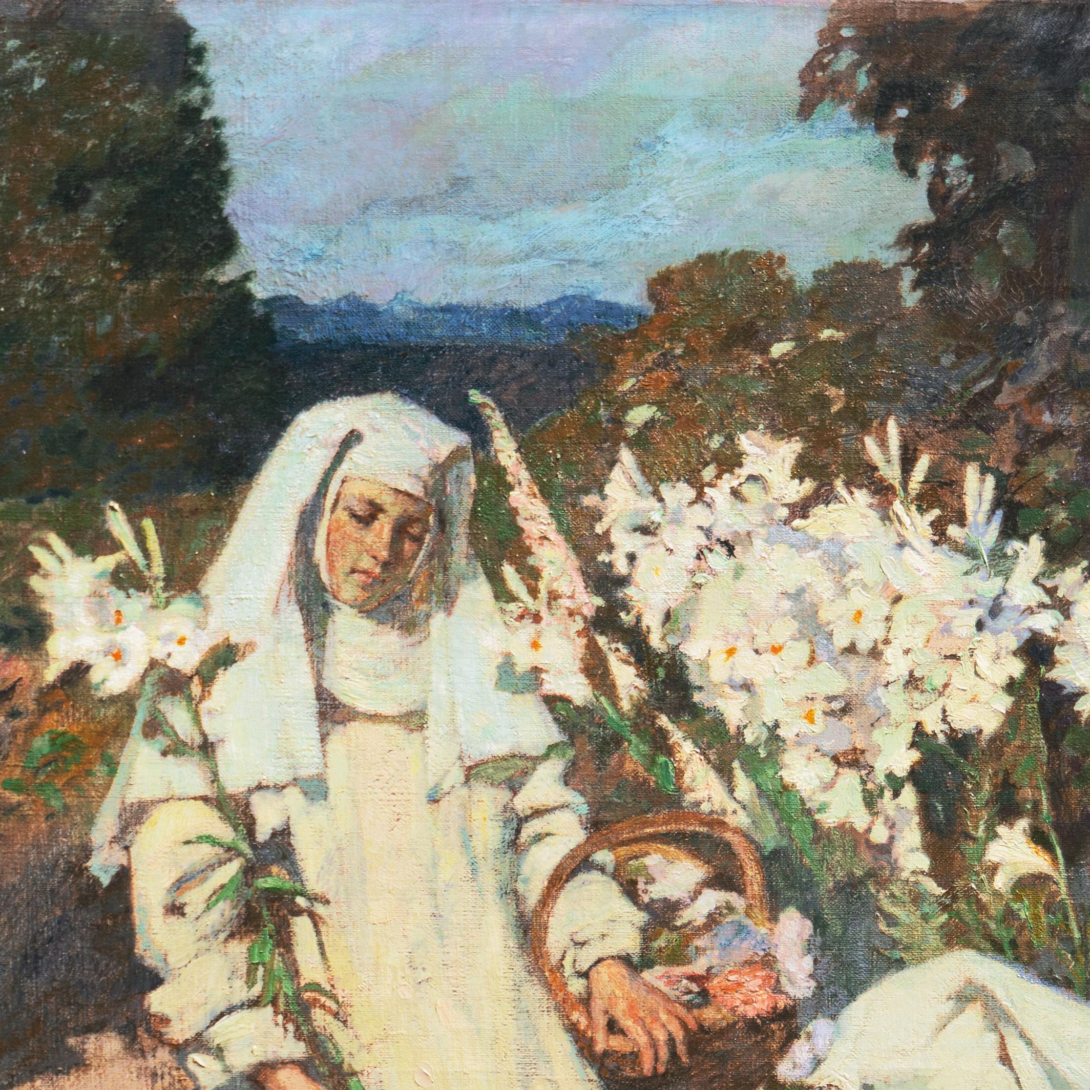 'Nuns Gathering Flowers', Munich School, Figural Oil, Karlsruhe Convent, Lilies For Sale 1