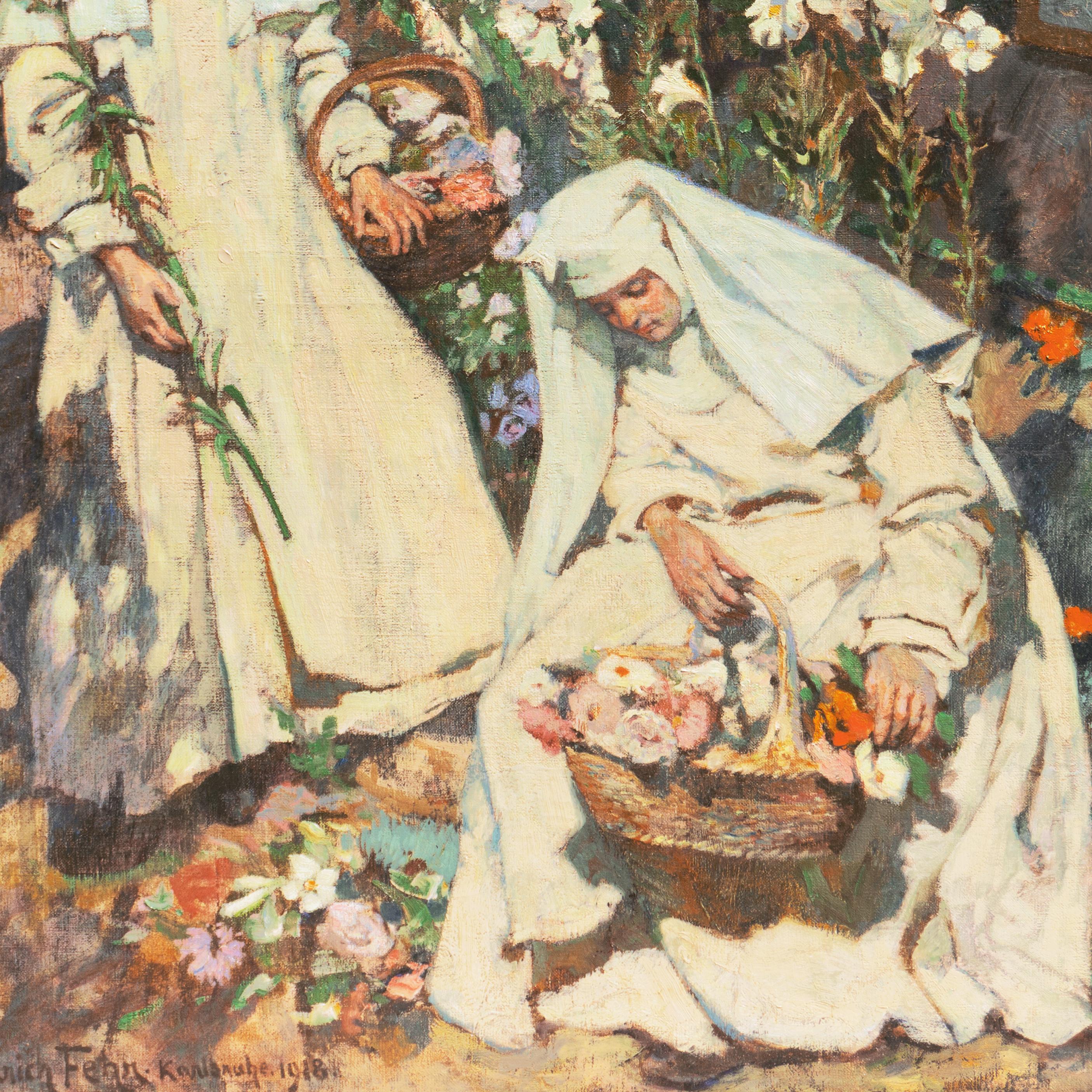 'Nuns Gathering Flowers', Munich School, Figural Oil, Karlsruhe Convent, Lilies For Sale 2