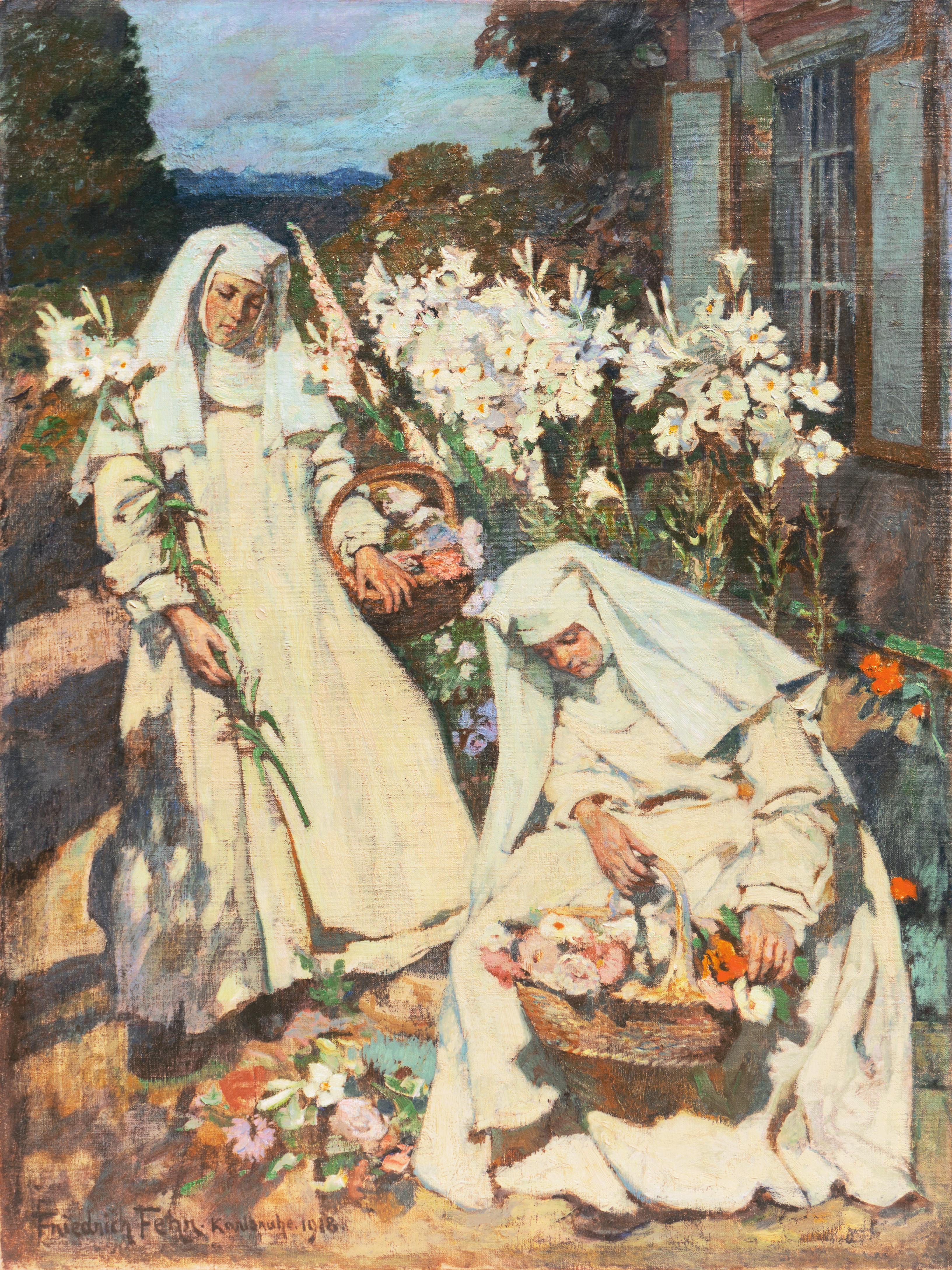 'Nuns Gathering Flowers', Munich School, Figural Oil, Karlsruhe Convent, Lilies - Painting by Friedrich Fehr