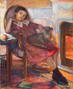 'Girl with Cat by the Fireplace' by Friedrich Ferdinand Koch (1863 – 1923)