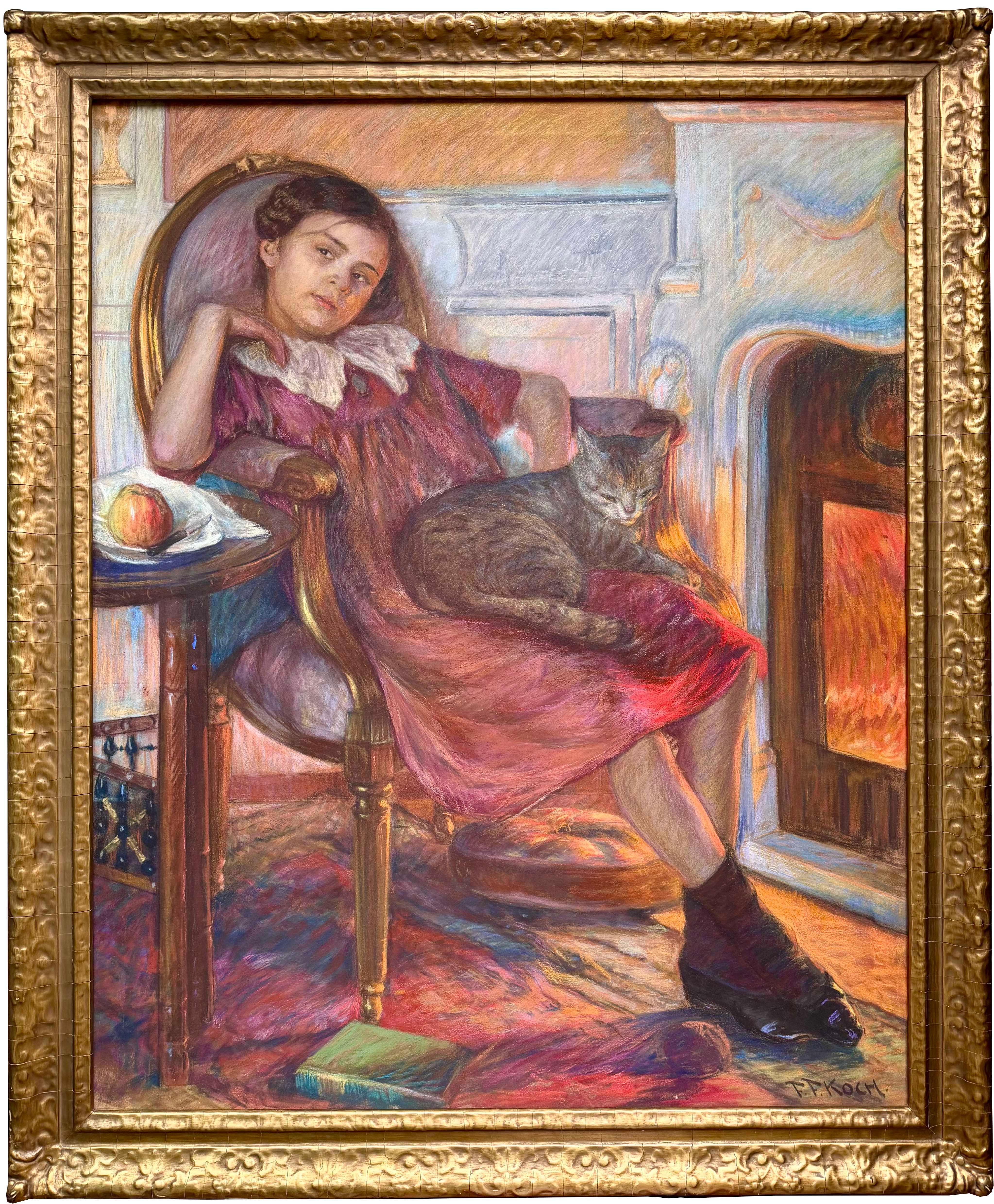 Fille avec chat près de la cheminée" de Friedrich Ferdinand Koch (1863 - 1923)