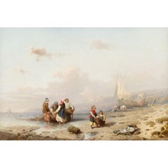 Hauling In The Nets, Mid-19th-Century German Oil Painting