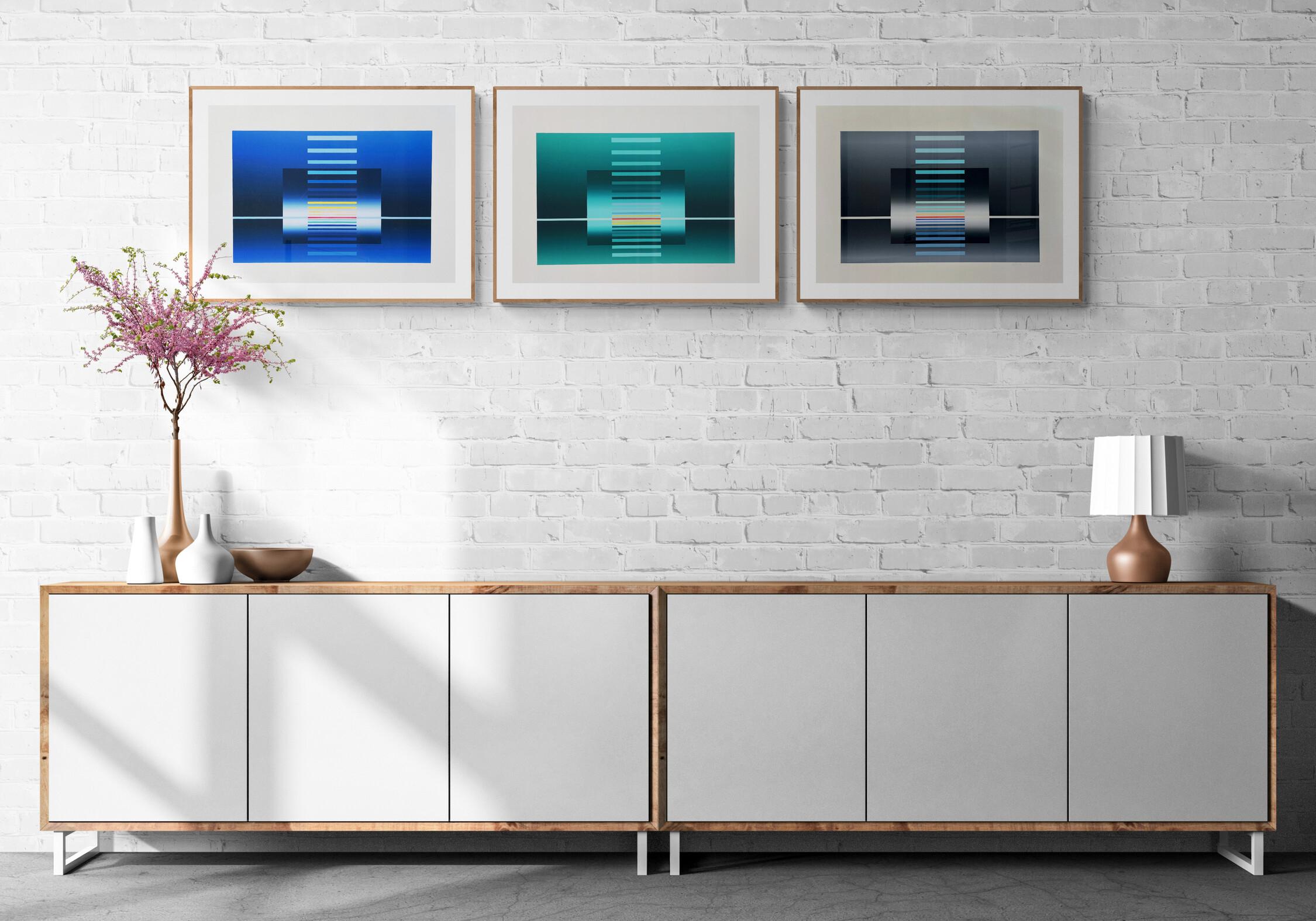 Geometric Compositions in Blue, Green and Gray - 3 x PRINTS (Geometric) - Modern Print by Friedrich Geiler