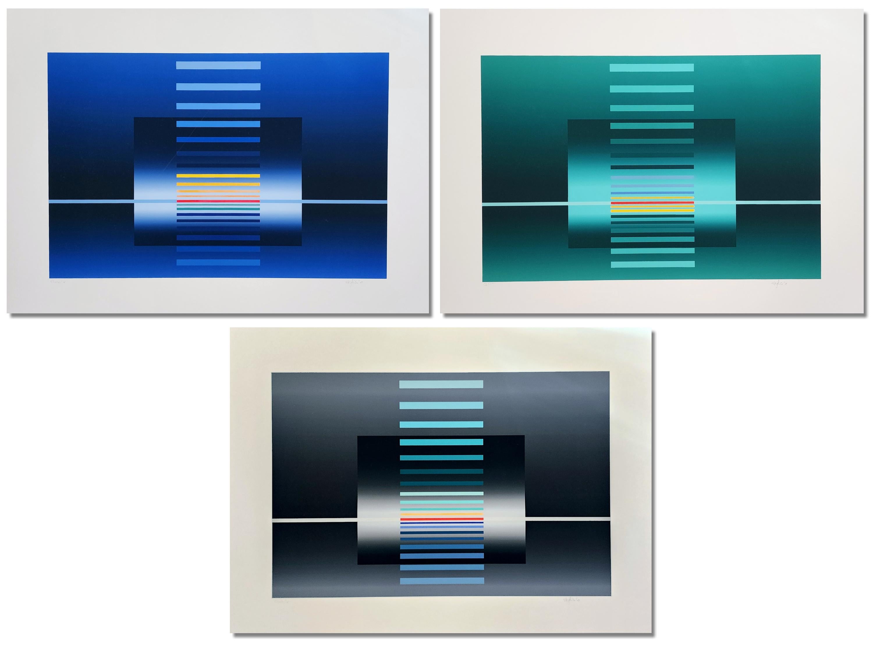 Friedrich Geiler Abstract Print - Geometric Compositions in Blue, Green and Gray - 3 x PRINTS (Geometric)