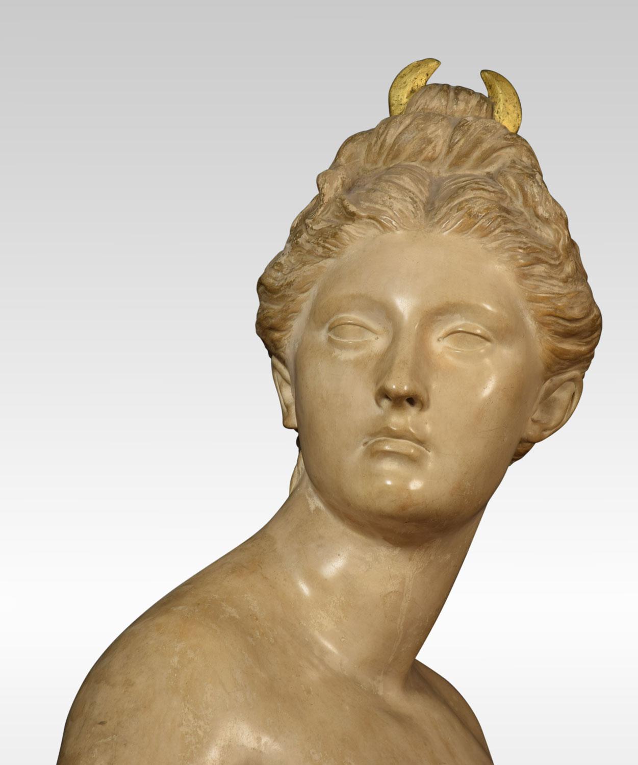 Friedrich Goldscheider bust, of the goddess of night having gilt crescent moon in her hair.
Dimensions:
Height 28 inches
Width 16 inches
Depth 10.5 inches.