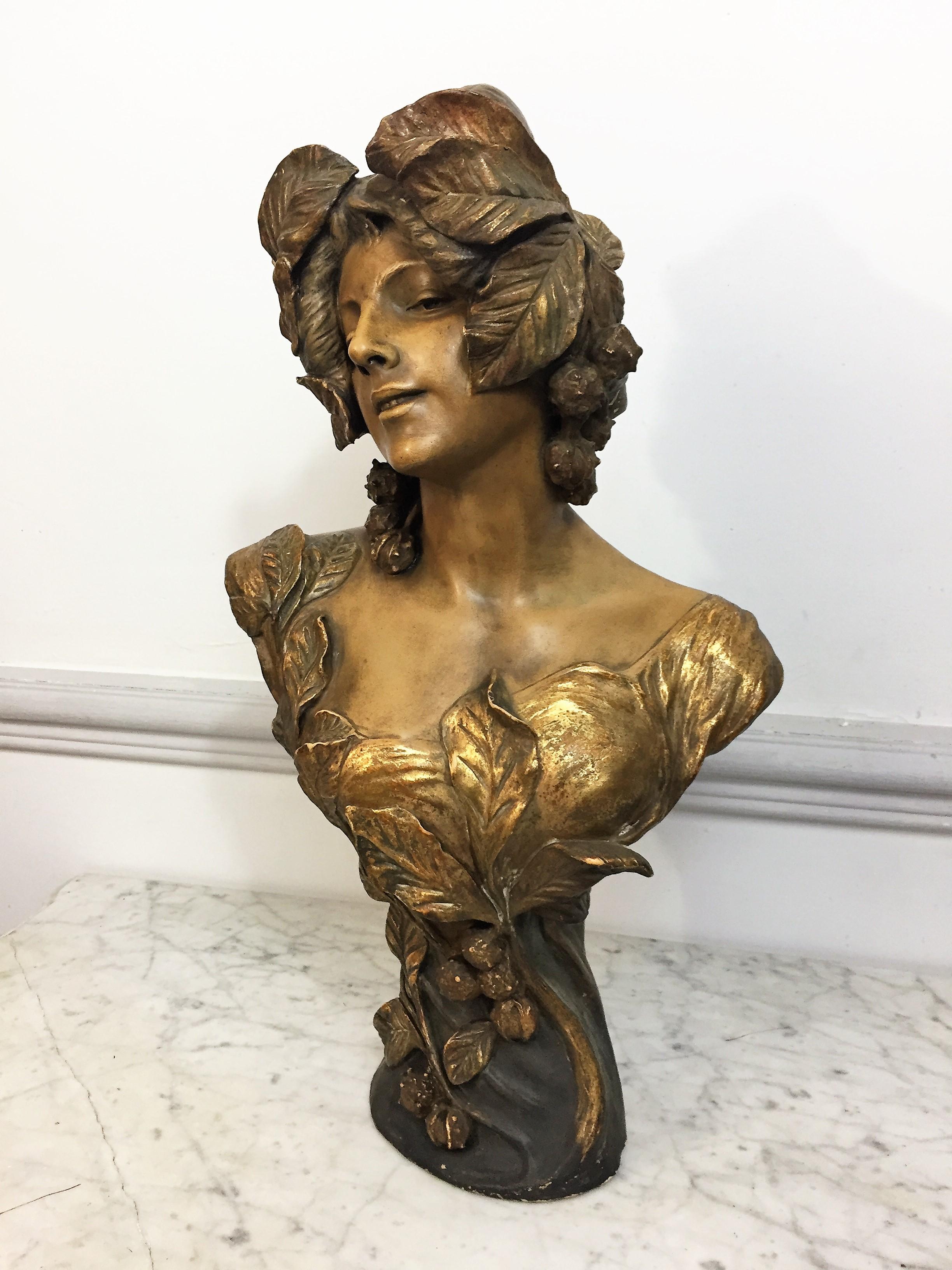 F. Goldscheider – große weibliche Büste aus polychromer Terrakotta – Jugendstil, signiert im Angebot 4