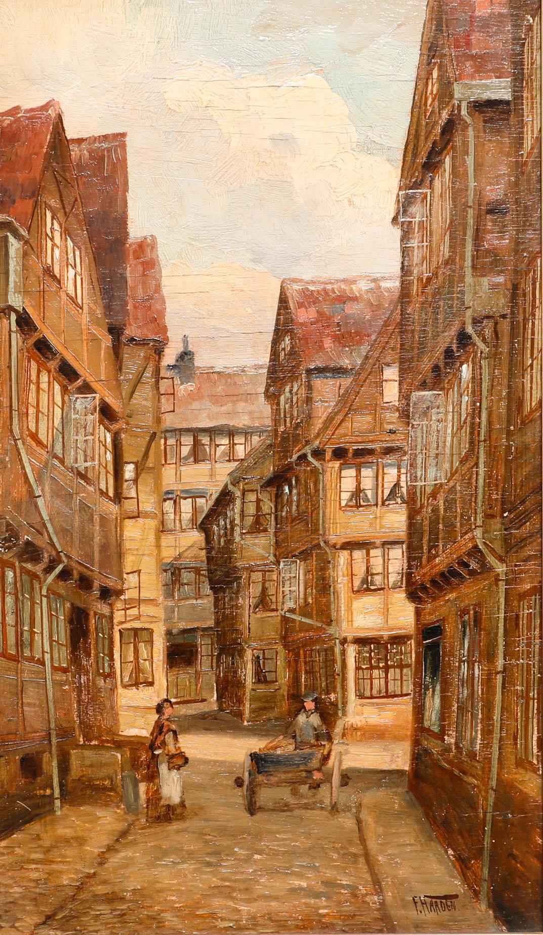 Friedrich Harden (1861-1921) - Ende 19. Jahrhundert Öl, Hamburger Straßenszene II im Angebot 1