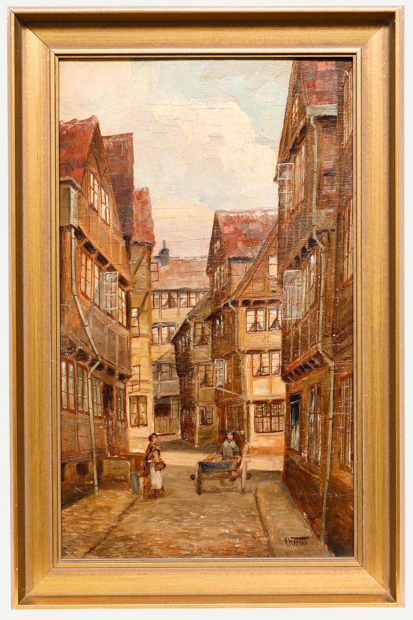 Dieses Ölgemälde bietet eine charmante historische Ansicht von Hamburg, die eine europäische Straßenszene mit traditioneller Fachwerkarchitektur und historischen Gebäuden in warmen, erdigen Farbtönen zeigt. Die Komposition fängt die intime