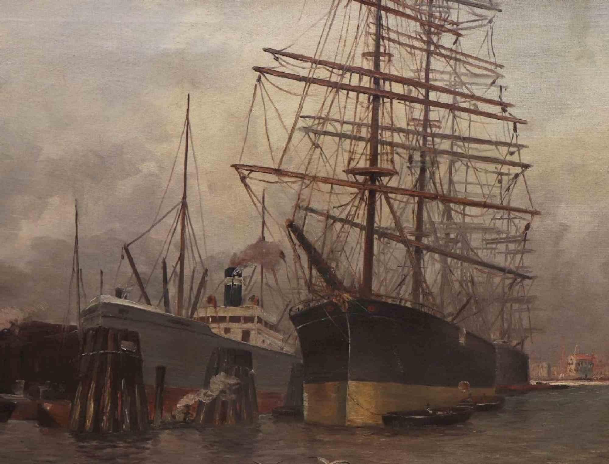 Lebendiger Hamburger Hafen mit vier gemaserter Barke und Dampfschiff von F. Harden – 1920 – Painting von Friedrich Harden
