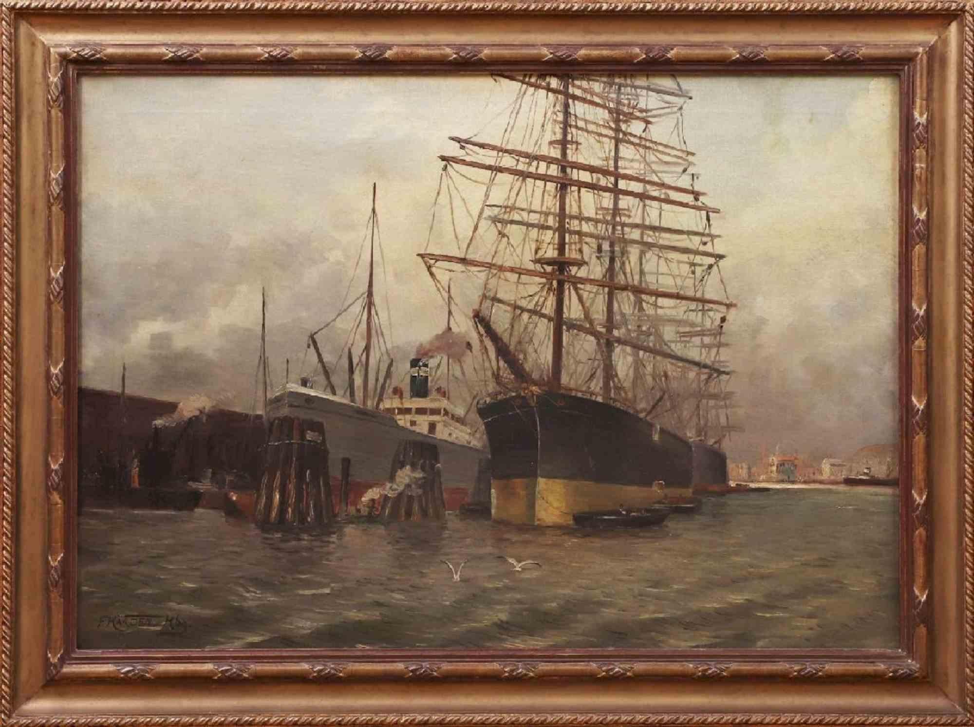 Lively Hamburg Harbor with Four-Masted Barque and Steamship by F. Harden -1920