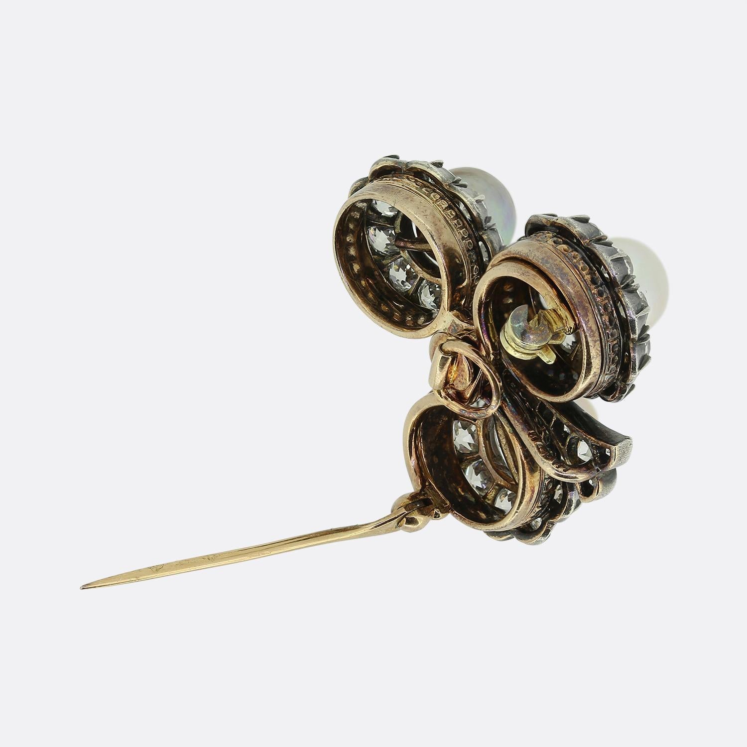 Late Victorian Friedrich Köchli Pearl and Diamond Clover Brooch For Sale