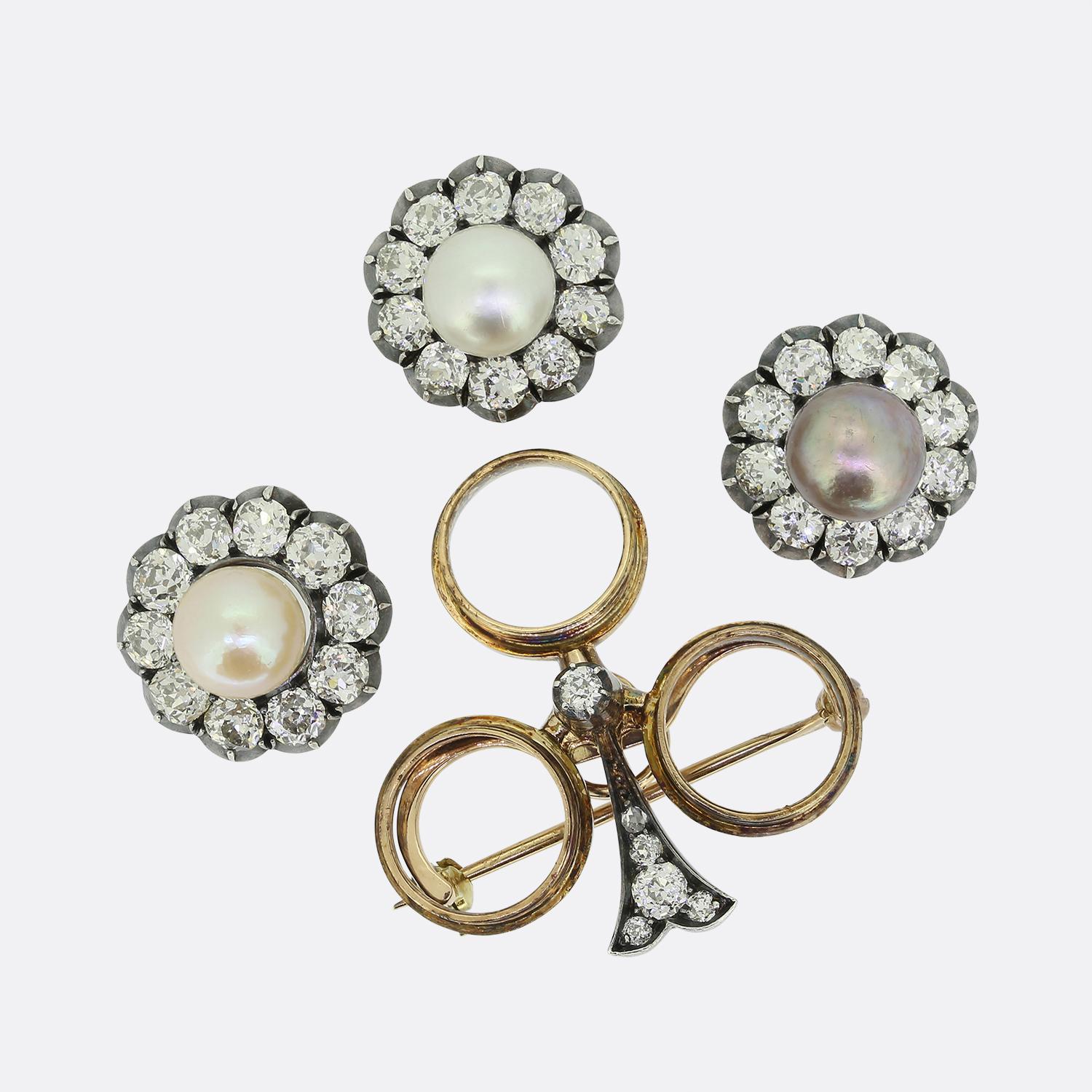 Old Mine Cut Friedrich Köchli Pearl and Diamond Clover Brooch For Sale