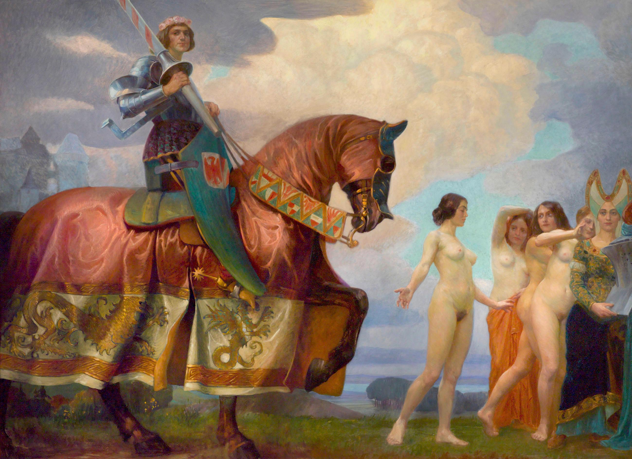 FRIEDRICH KING 
Vienna 1857 – 1941 Vienna
“From the Saga of the Nibelungs”
Oil on canvas
159 x 205 cm 
Signed u.l.

Reverse:
Munich Secession exhibition label 

Provenance: 
Modern Gallery Heinrich Tannhauser, Munich 
Secession, Munich 
Private