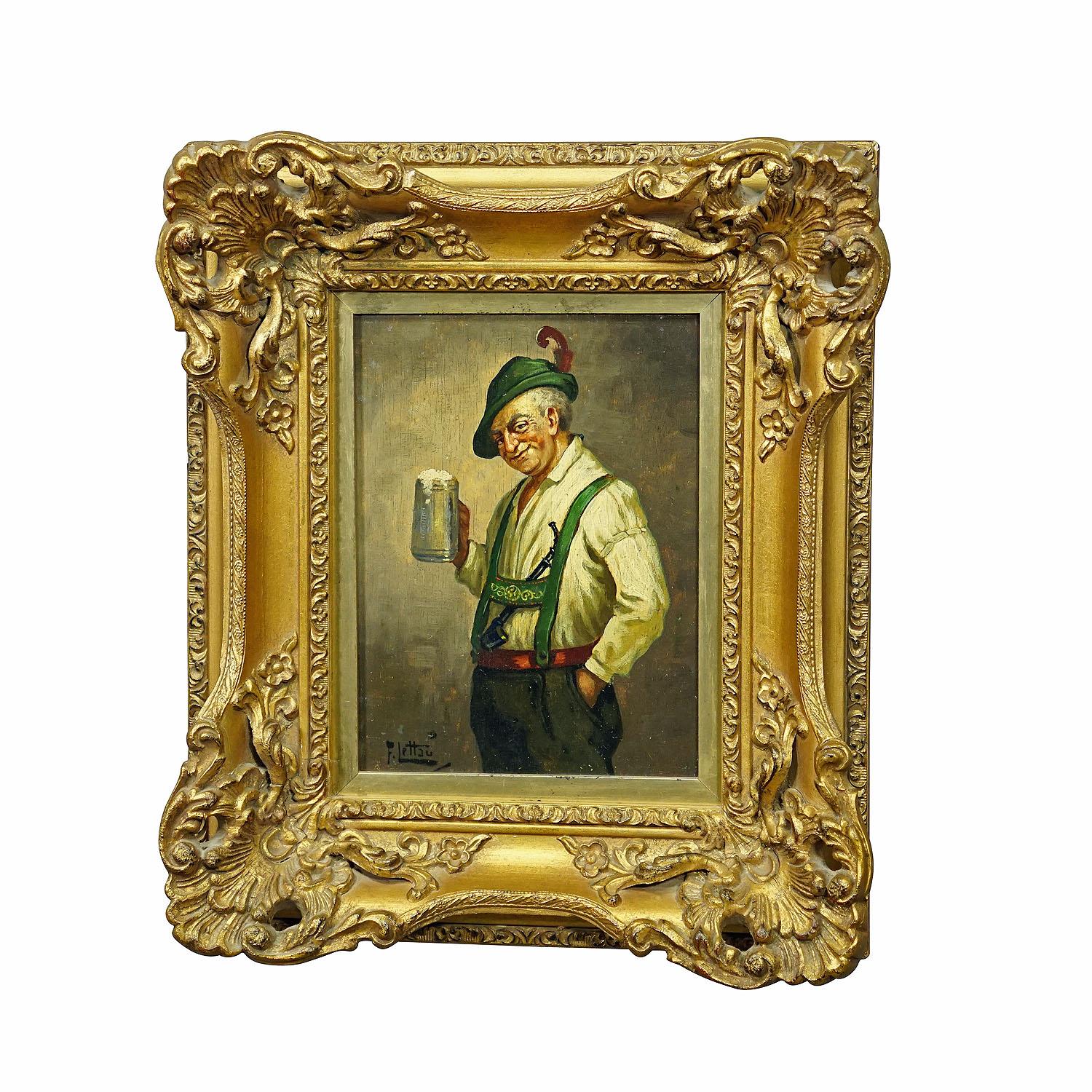 Friedrich Lettau - Bavarian folksy man with beer mug, oil on wood ca. 1950s

An colorful oil painting depicting a folksy Bavarian man in his costume trinking beer. Painted on wood with pastell colors around 1950s. Framed with antique wooden gilded