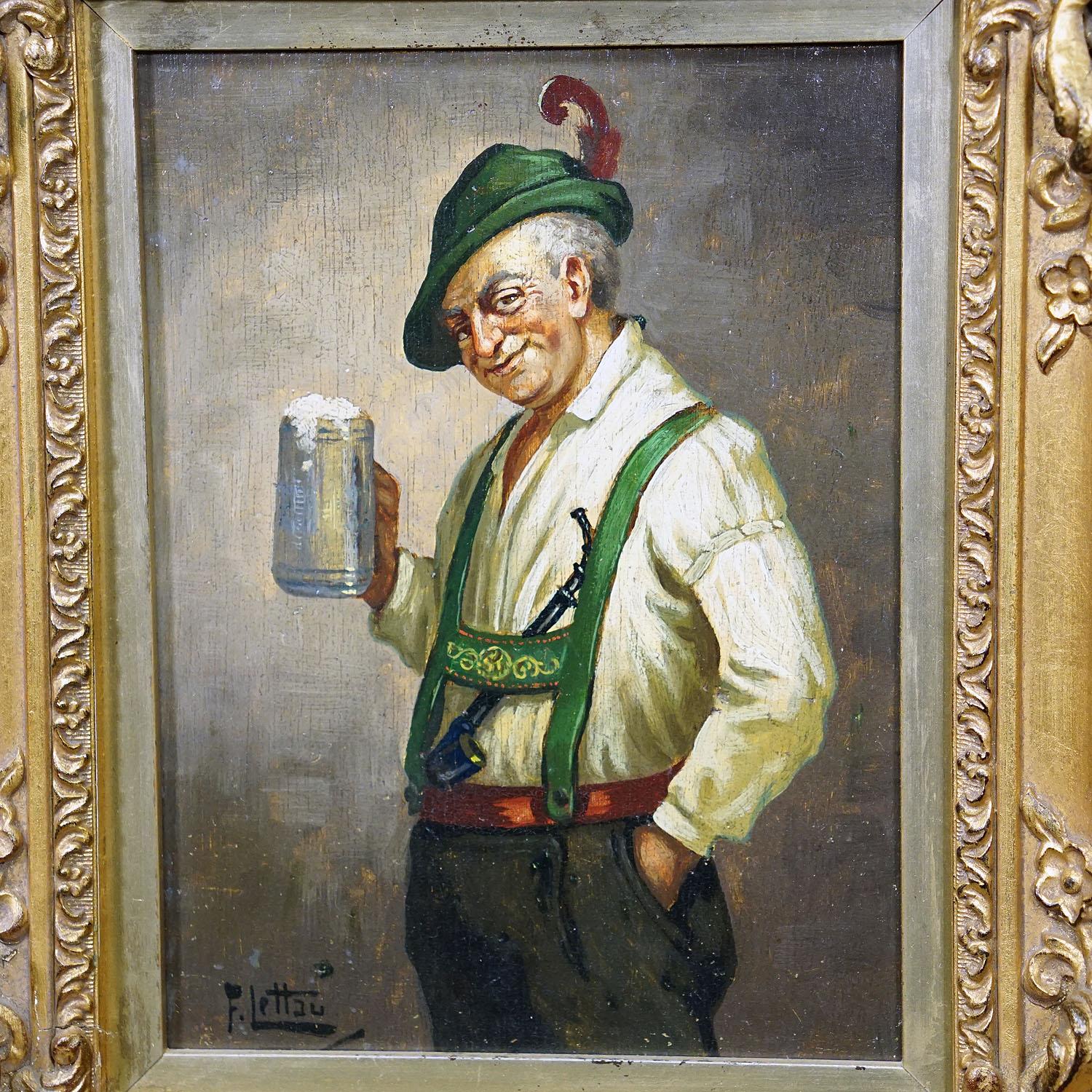 German Friedrich Lettau, Bavarian Folksy Man with Beer Mug, Oil on Wood Ca. 1950s