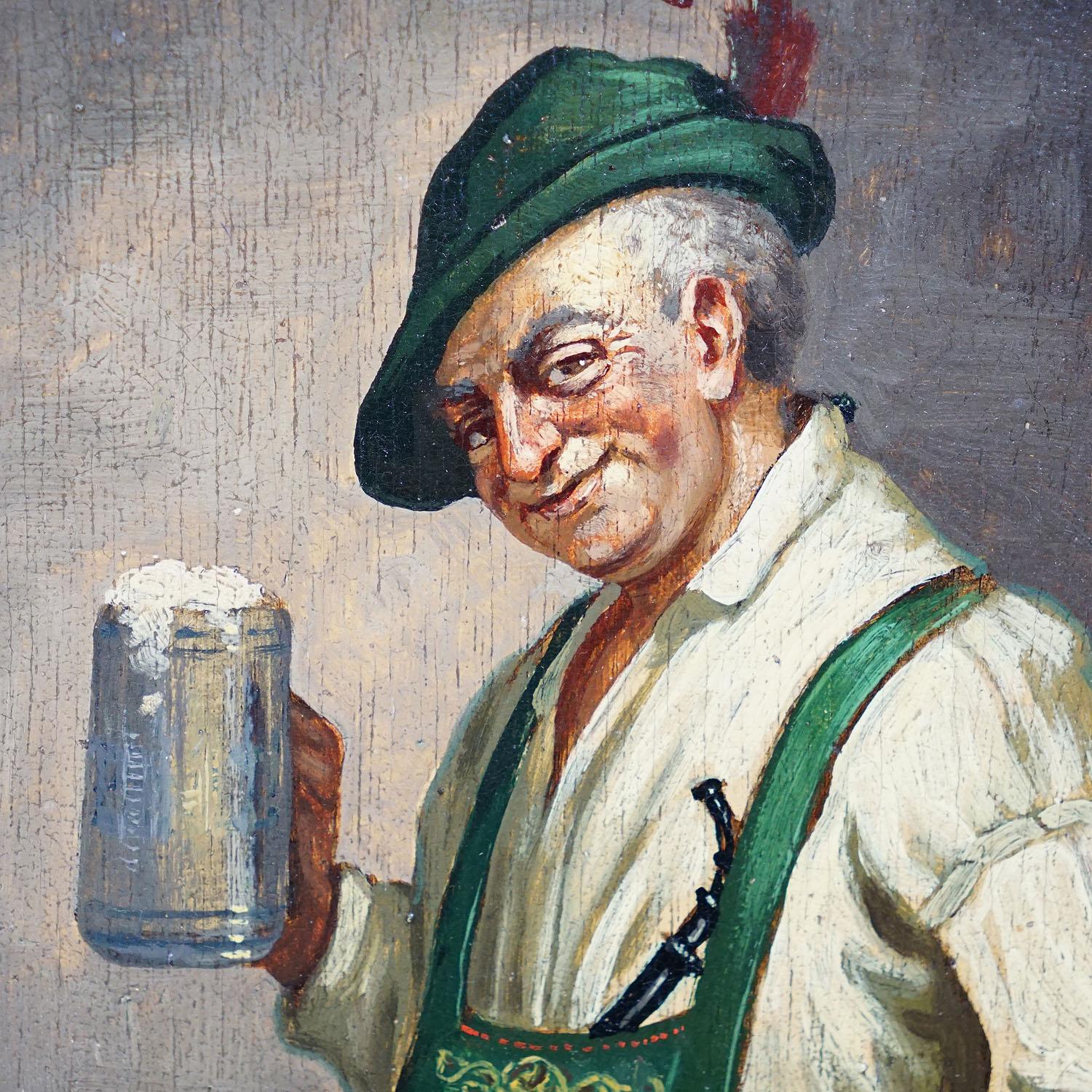 Painted Friedrich Lettau, Bavarian Folksy Man with Beer Mug, Oil on Wood Ca. 1950s