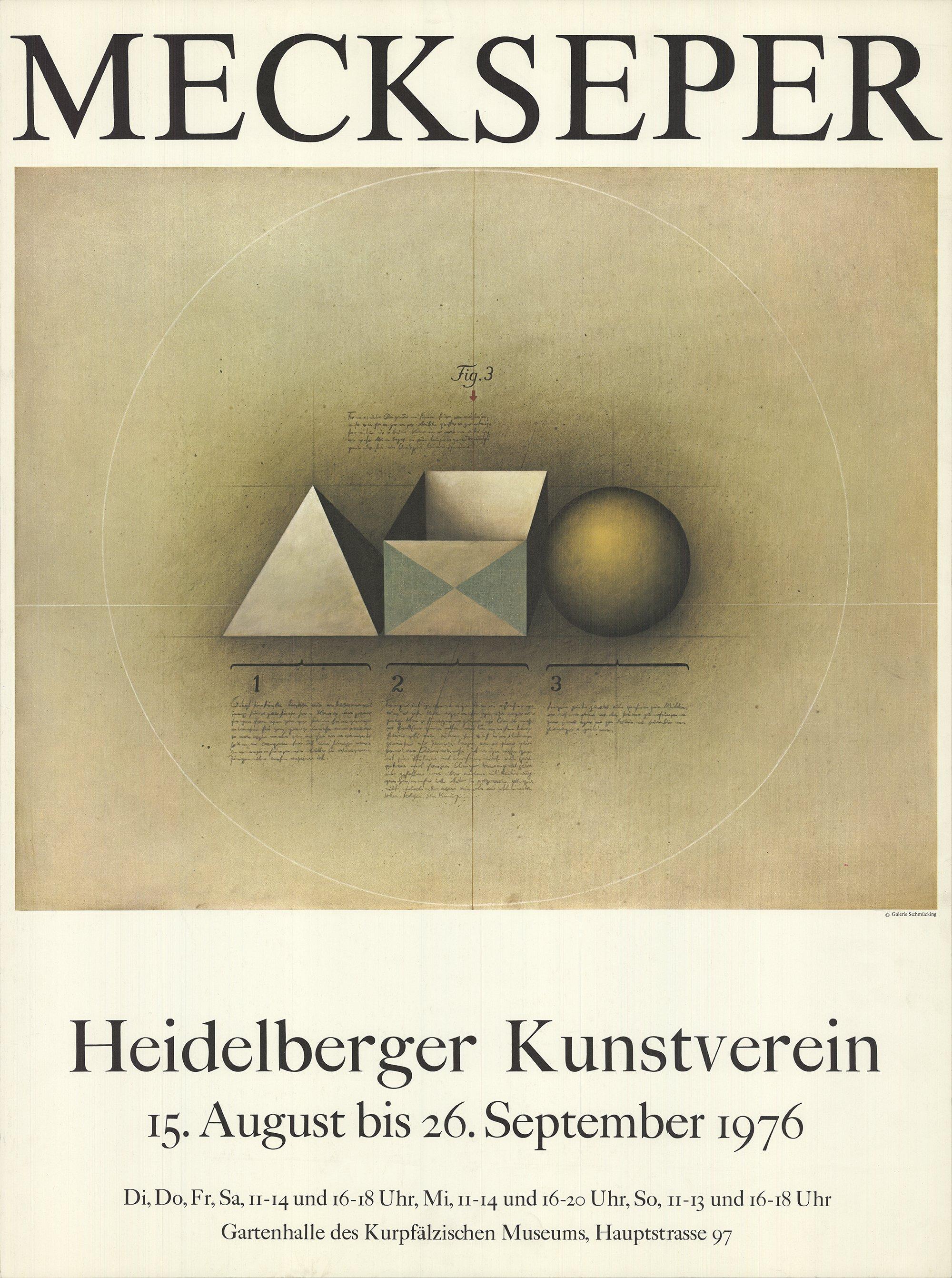 Papierformat: 36,75 x 27,5 Zoll (93,345 x 69,85 cm)
 Bildgröße: 21,25 x 26,5 Zoll (53,975 x 67,31 cm)
 Gerahmt: Nein
 Zustand: B: Sehr guter Zustand, mit Gebrauchs- und Altersspuren
 
 Zusätzliche Details: Ausstellungsplakat für Friedrich Meckseper