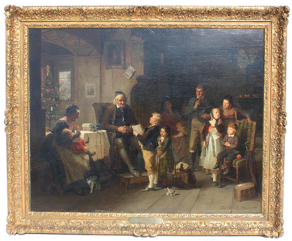 Friedrich Ortlieb Figurative Painting – Fine & Large Ölgemälde auf Leinwand, 19. Jahrhundert, „New Year's Day at The Grandfather's“, Ölgemälde