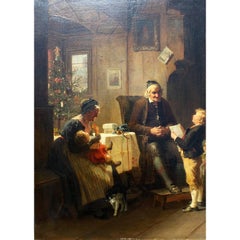 Huile sur toile de Friedrich Ortlieb représentant des enfants fêtant Noël