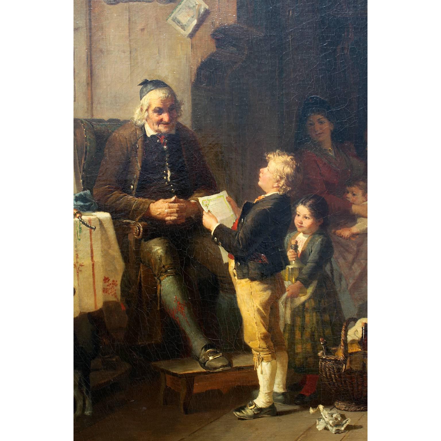 Country Huile sur toile de Friedrich Ortlieb représentant des enfants fêtant Noël en vente
