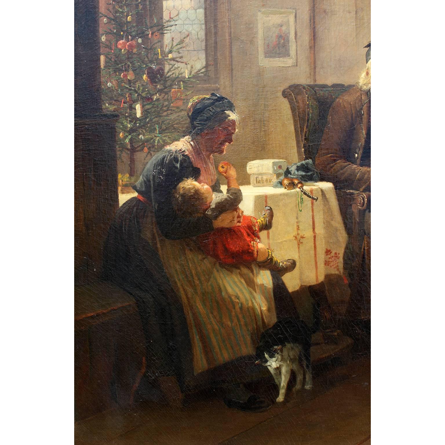 Peint à la main Huile sur toile de Friedrich Ortlieb représentant des enfants fêtant Noël en vente