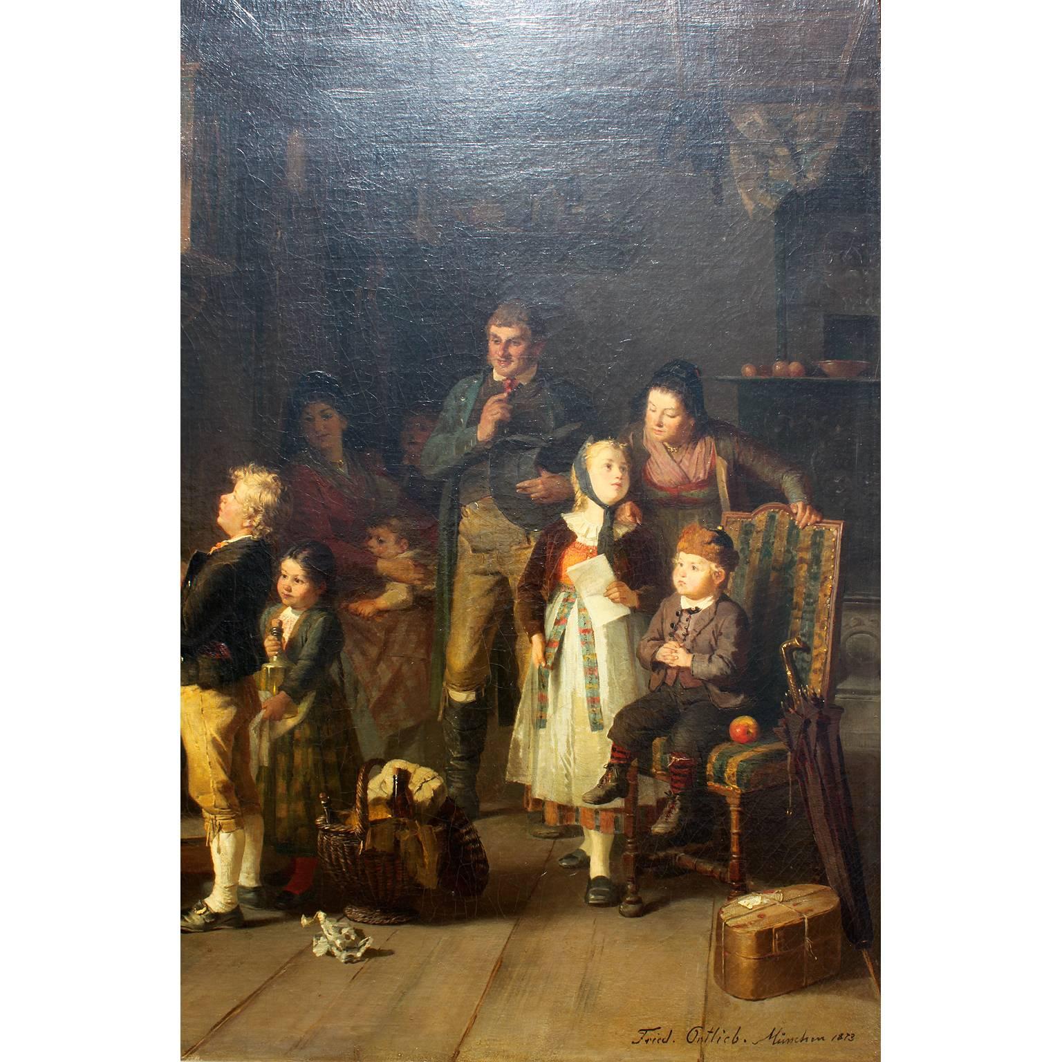 German Friedrich Ortlieb Oil on Canvas Children Celebrate Christmas For Sale