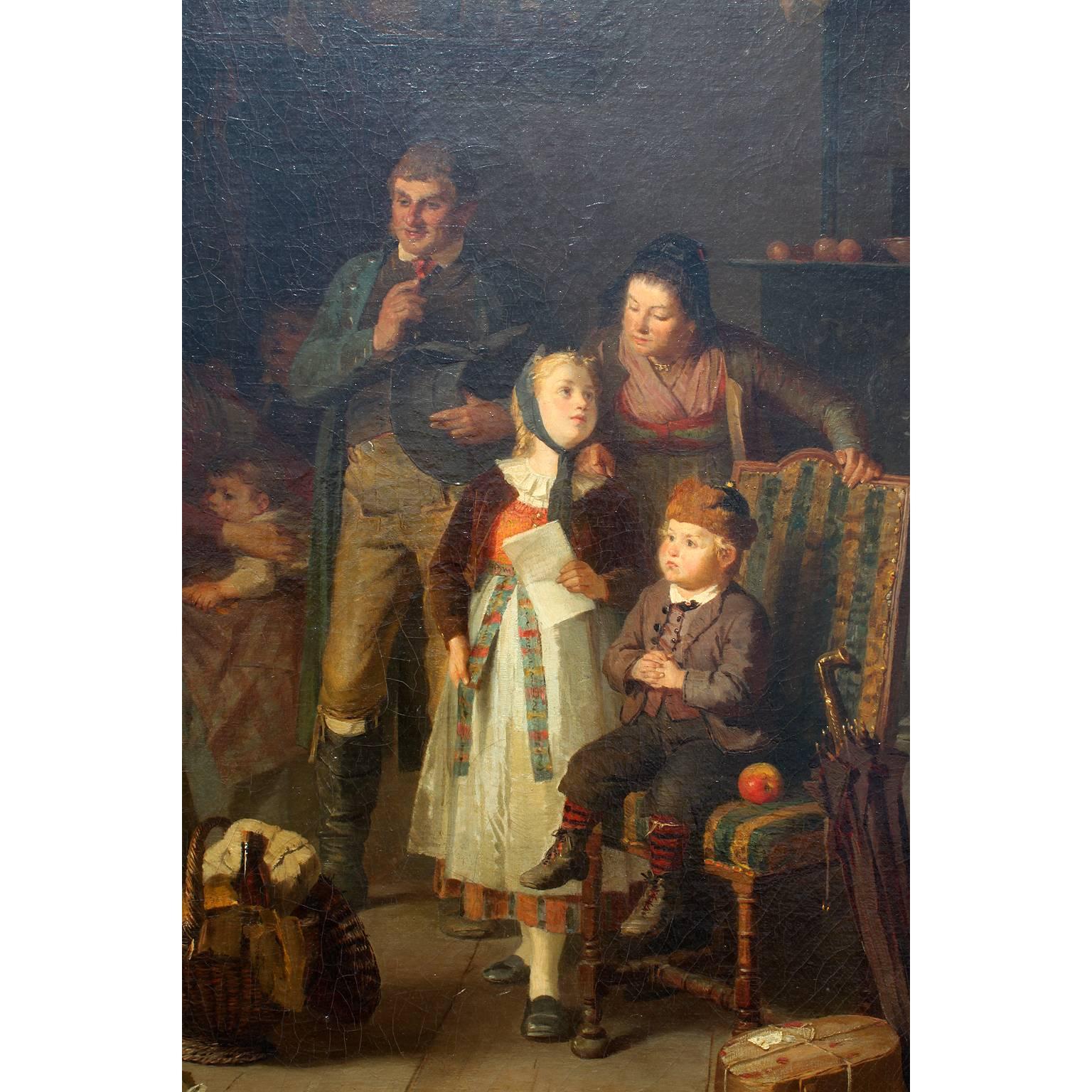 Friedrich Ortlieb Oil on Canvas Children Celebrate Christmas In Good Condition For Sale In Los Angeles, CA