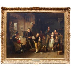 Huile sur toile de Friedrich Ortlieb représentant des enfants fêtant Noël