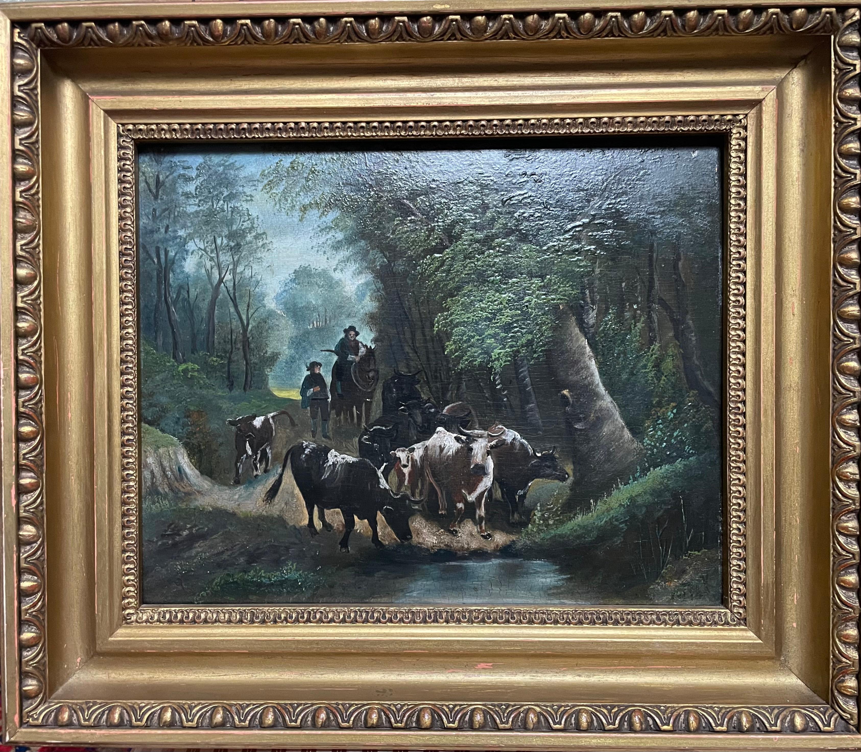 Animal Painting di Friedrich Voltz - "Paesaggio forestale con mandria di bovini"