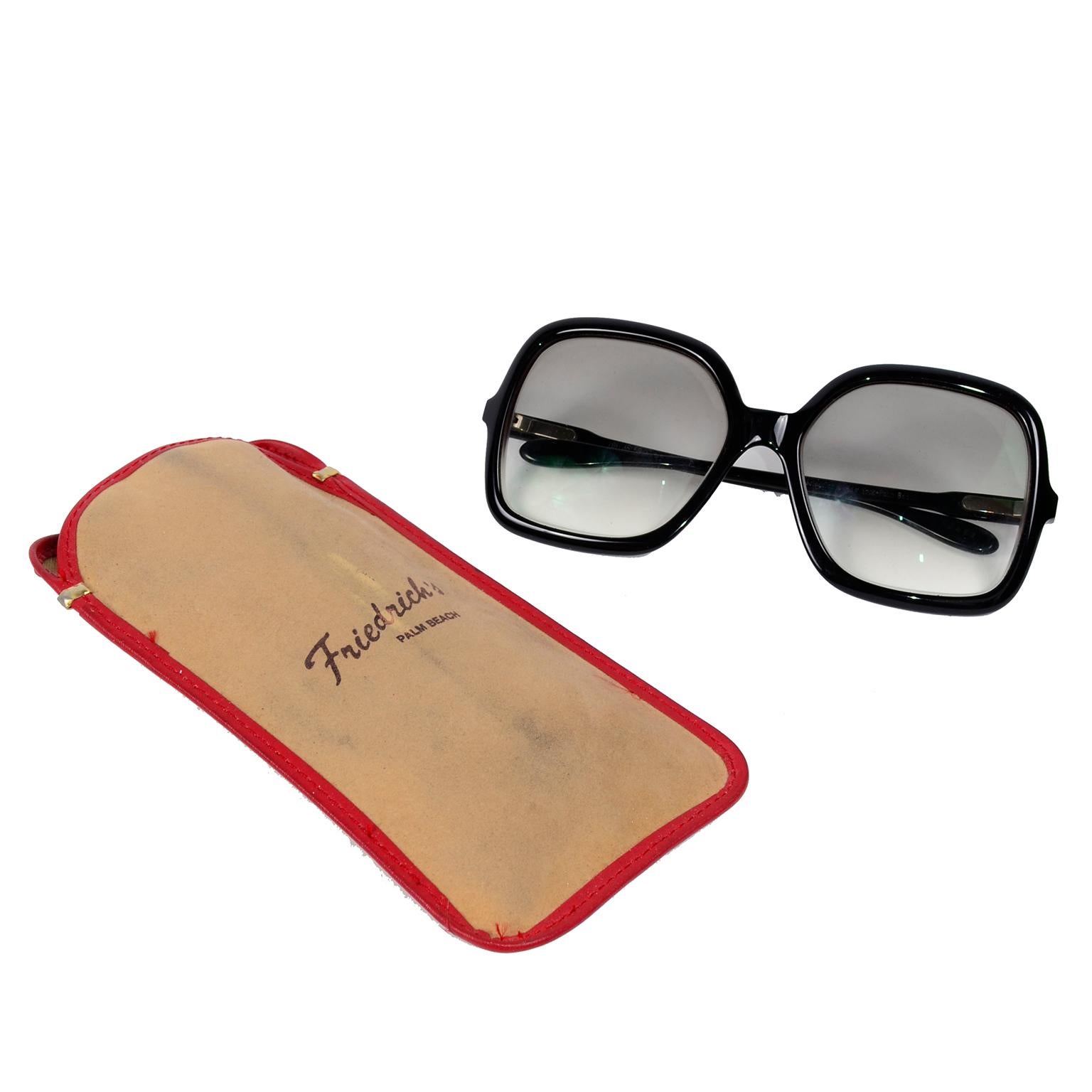 These are really great, very well made oversized vintage sunglasses by Friedrich's of Palm Beach with the original case and dust cloth. They are large squares, almost butterfly shaped sunglasses. The thin arms taper from the front, and are straight