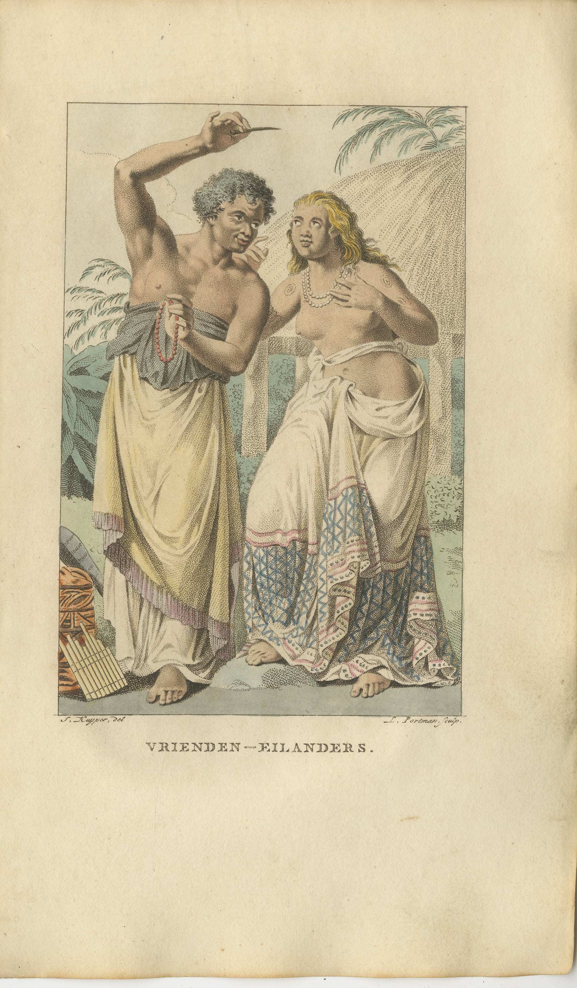 Vrienden-Eilanden (Freundliche Inseln), antiker handkolorierter Druck von Kuyper & Portman, 1803

Dieser handkolorierte anthropologische Originaldruck aus dem frühen 19. Jahrhundert zeigt das indigene Volk der 