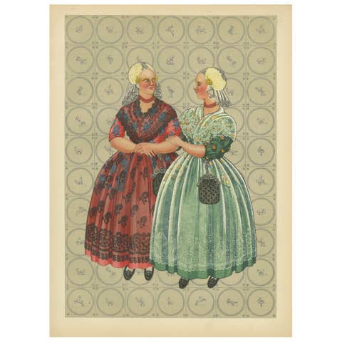 Friesland Gala Dress with Gold Caps and Coral, Dutch Print, 1932