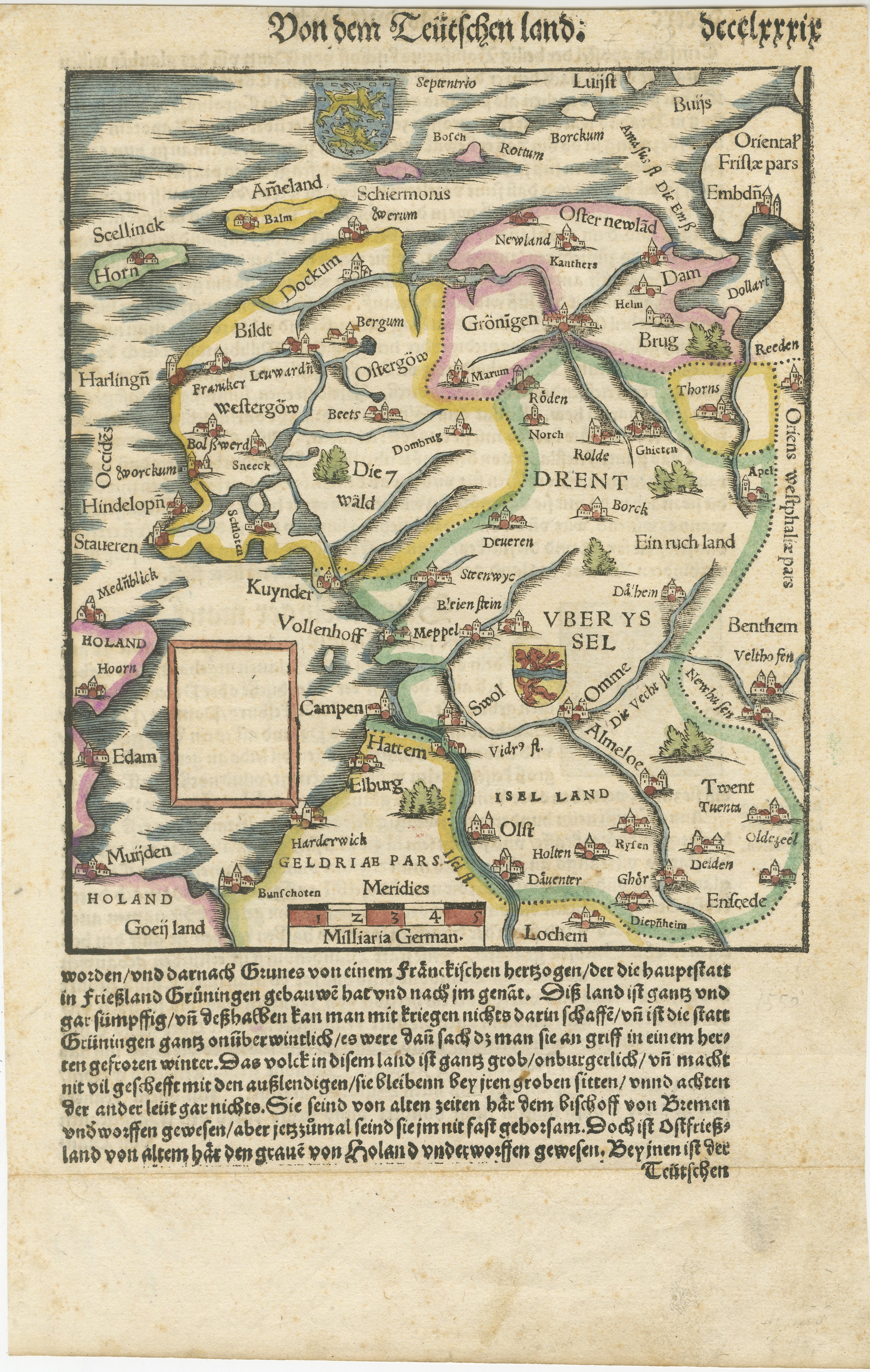 Frisia, Groninga e Overijssel - Rara mappa xilografica di Münster, 1550 circa, Germania

Questa mappa xilografica del XVI secolo, molto decorativa, intitolata 
