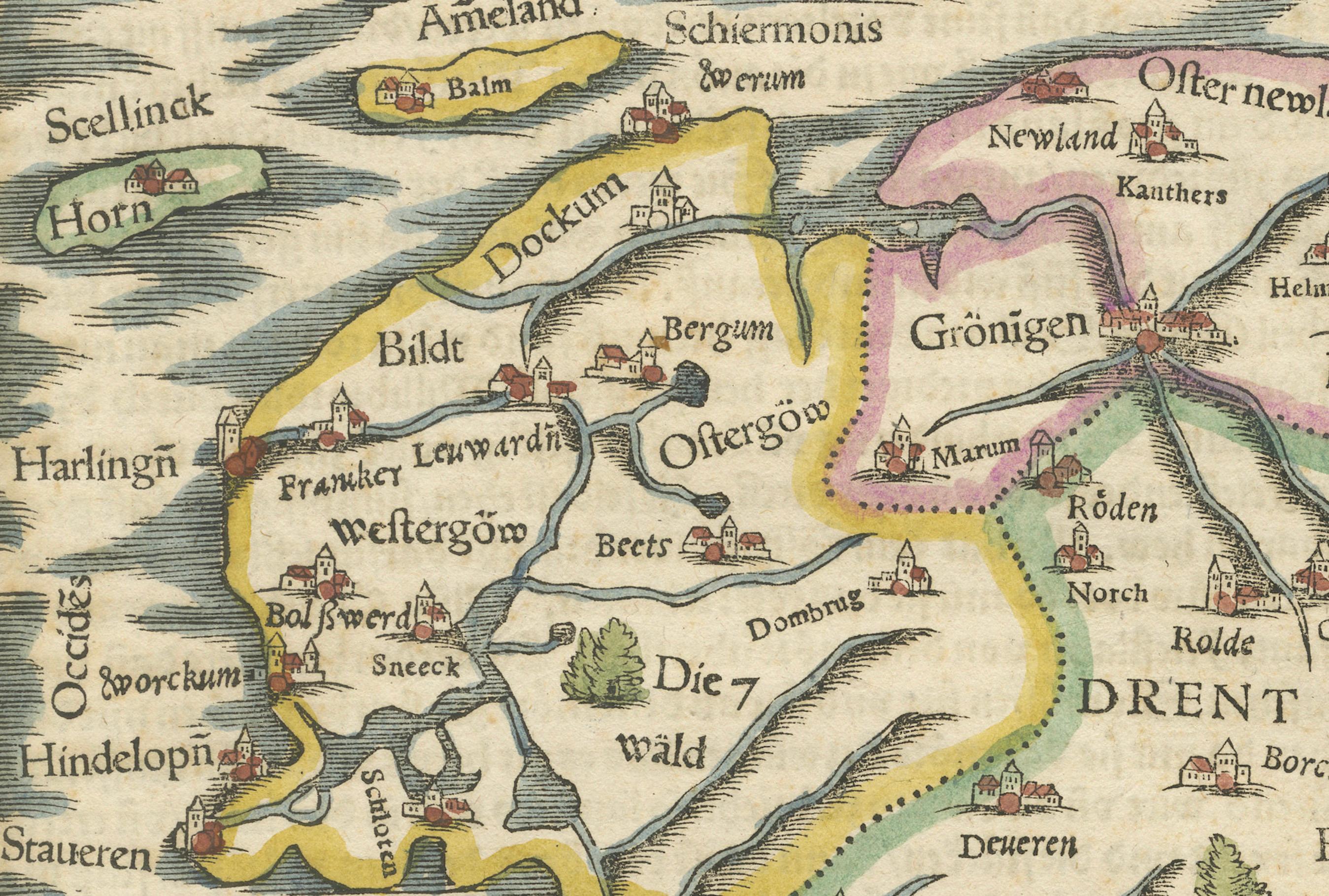 Frisia, Groninga e Overijssel - Rara mappa xilografica di Münster, 1550 ca. in vendita 1