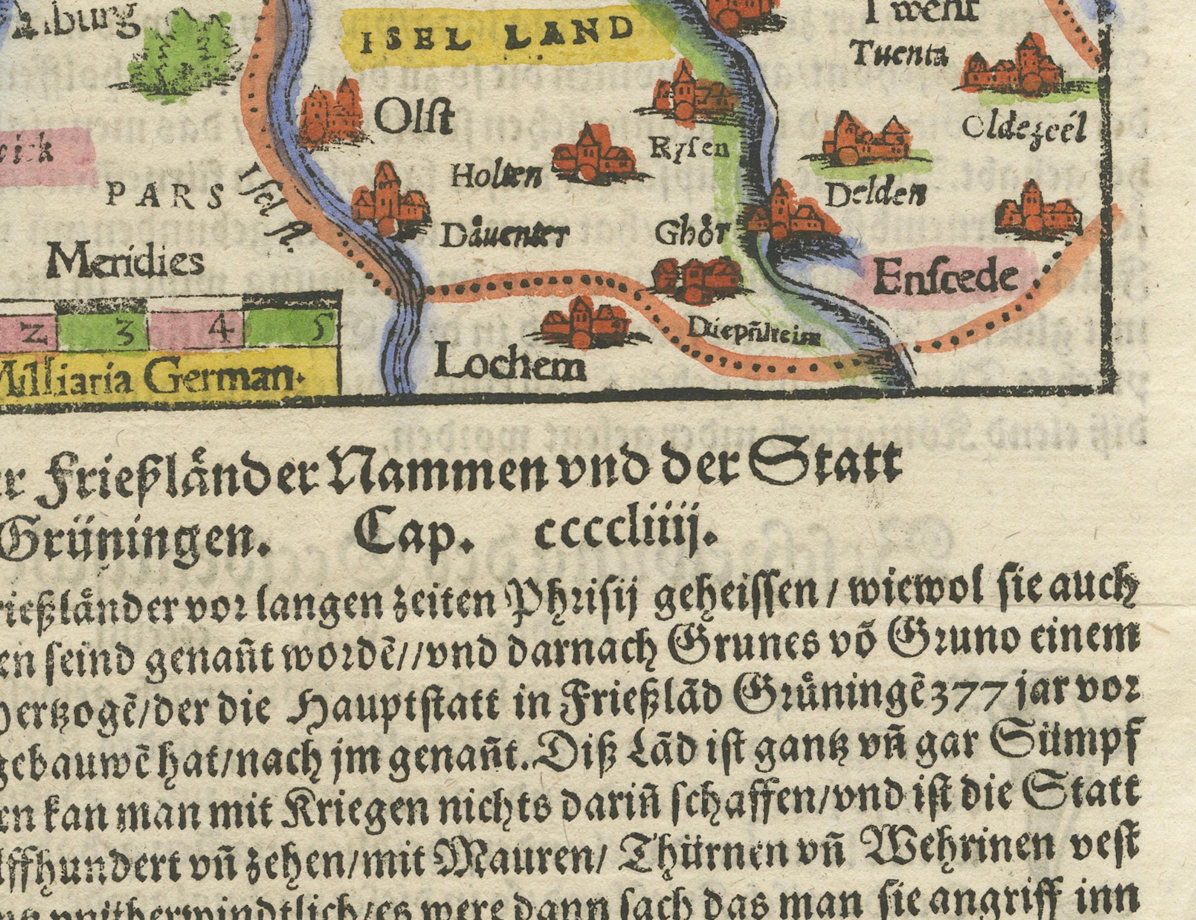 Frise, Groningue, Drenthe, Overijssel - Carte ancienne par Seb. Münster, 1574 Bon état - En vente à Langweer, NL