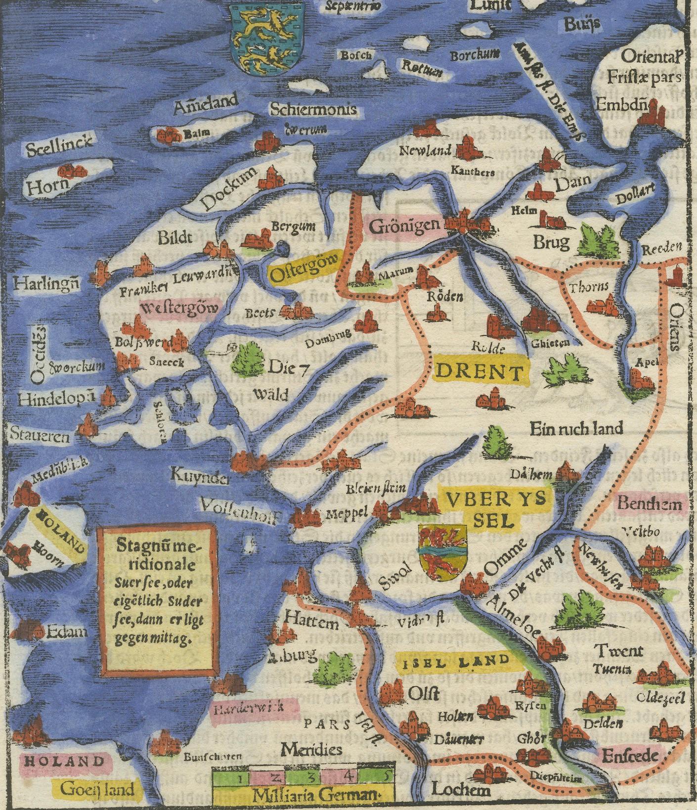 Frise, Groningue, Drenthe, Overijssel - Carte ancienne par Seb. Münster, 1574 en vente 1