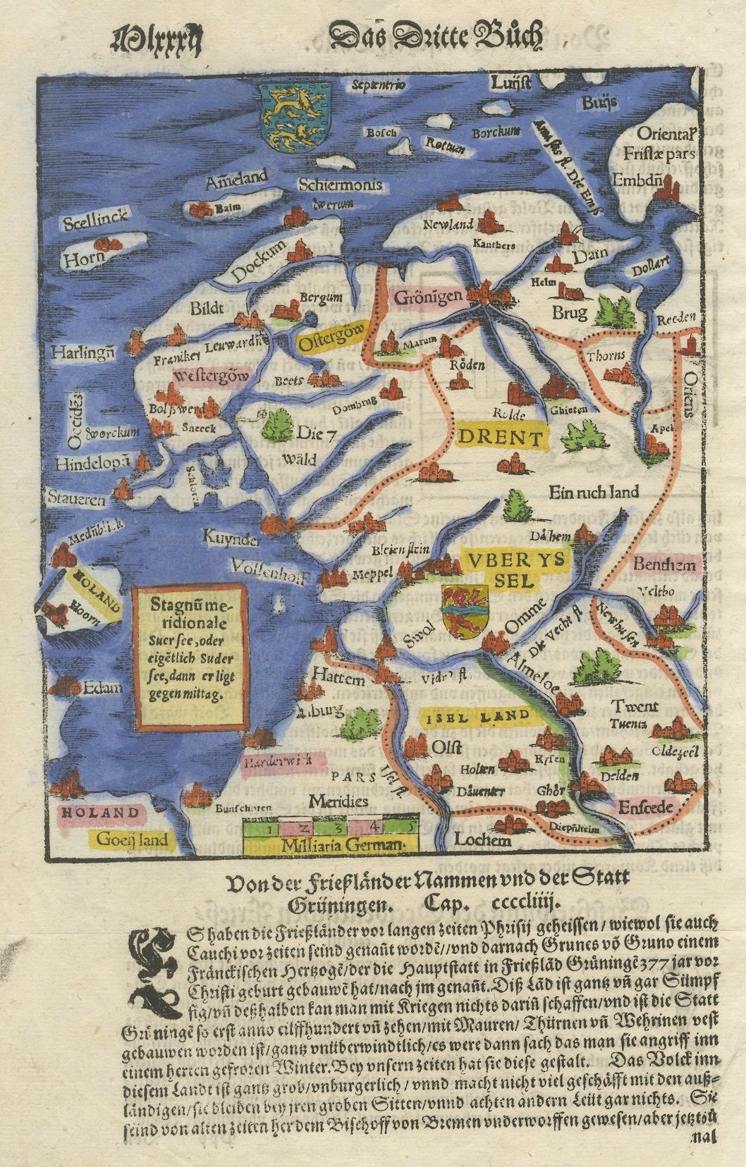 Frise, Groningue, Drenthe, Overijssel - Carte ancienne par Seb. Münster, 1574 en vente 2