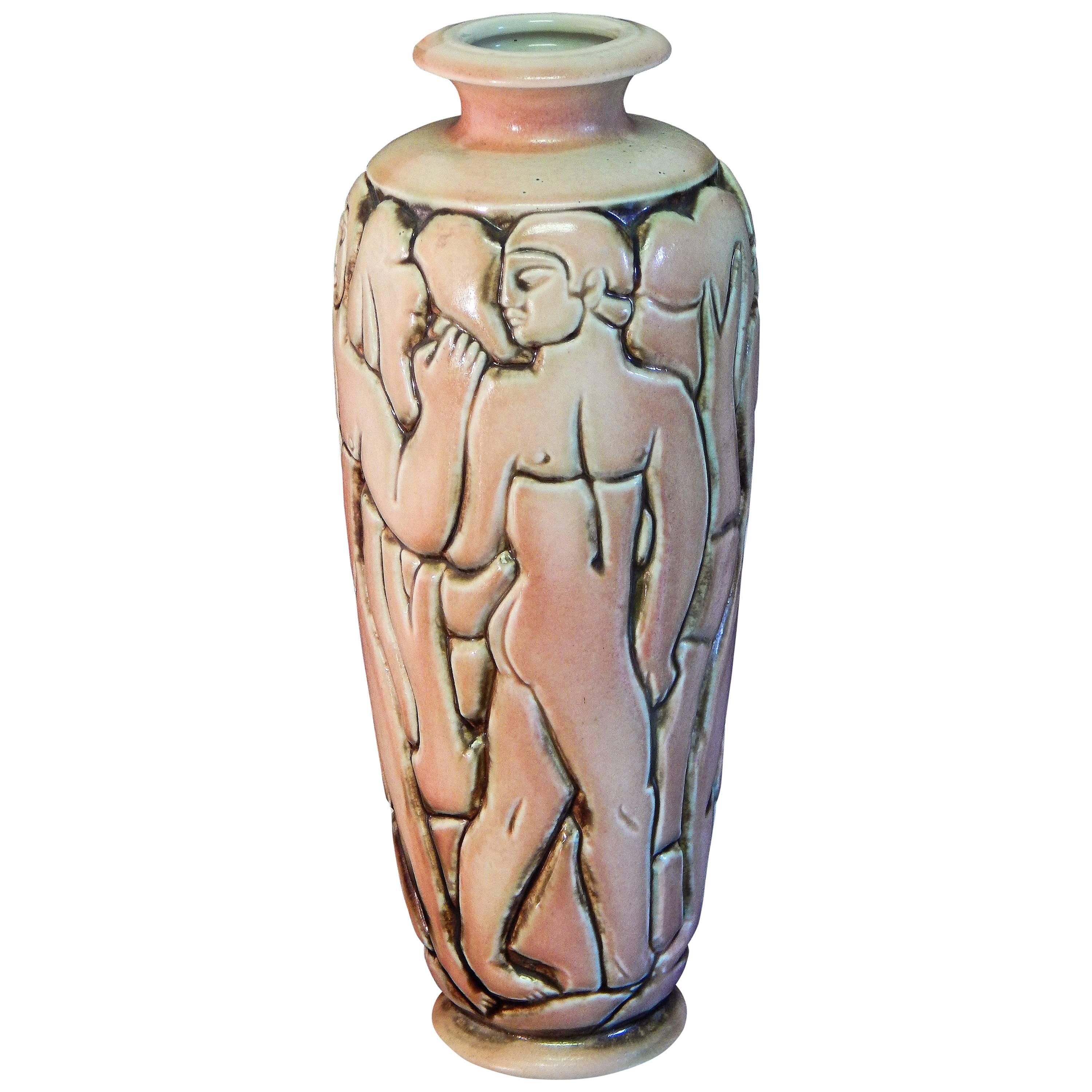 "Friso de desnudos masculinos", gran jarrón Art Déco muy raro de Goor para Mougin