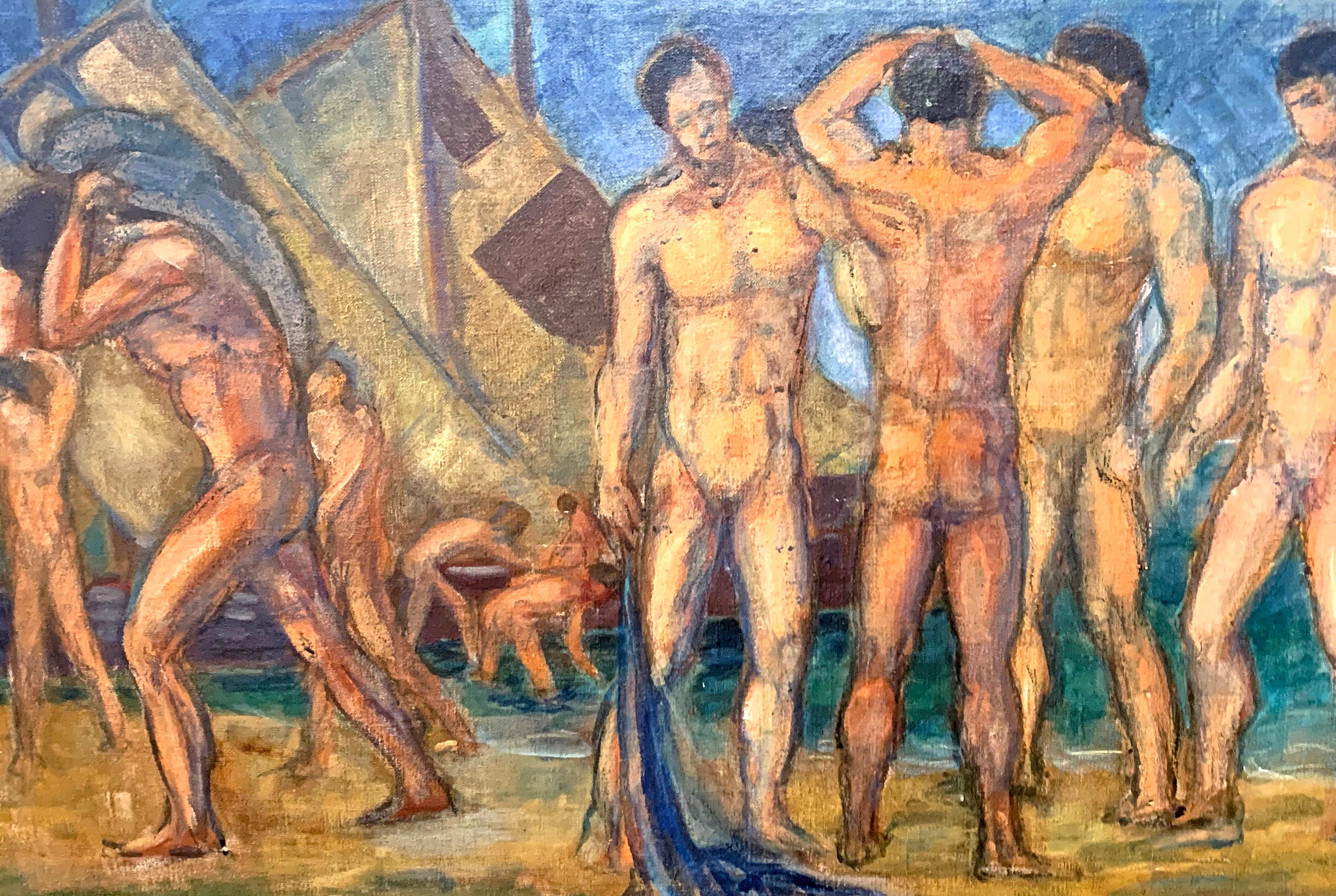 Drenched in rich color and somehow both modern and classical, this scene of nude male figures is presented as a frieze of men along a horizontal plane -- as if they are peopling a mural or temple front -- bathing, conversing, working and enjoying