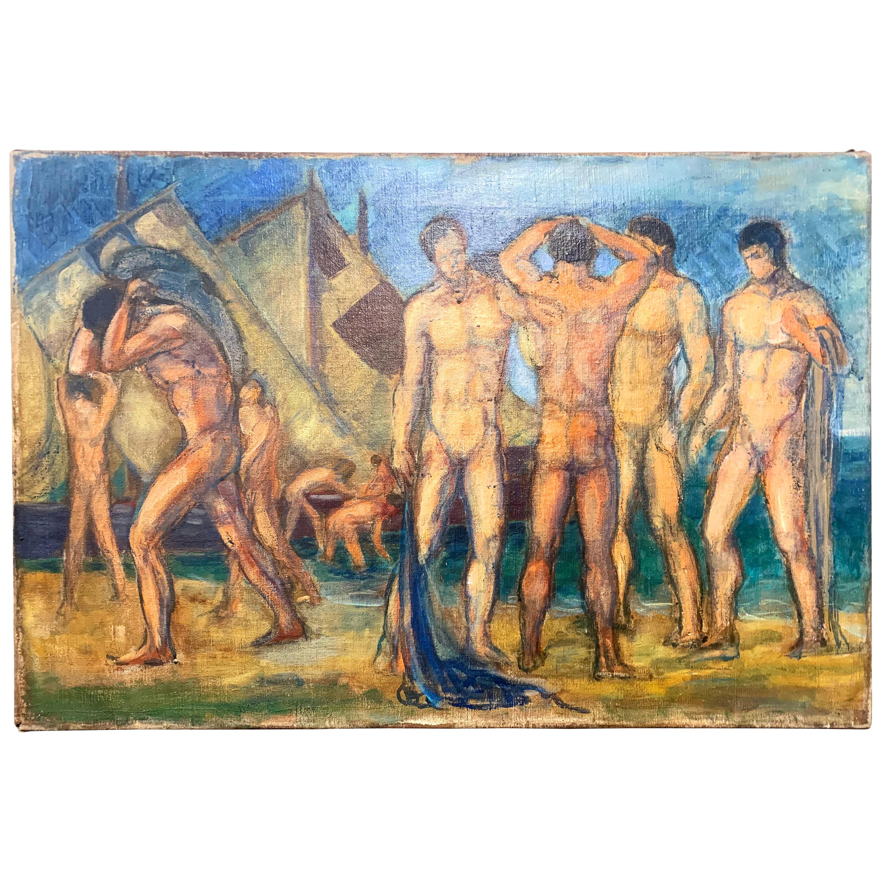 "Frieze of Nude Male Figures, " Art Deco Scene of Bathers and Workers, France