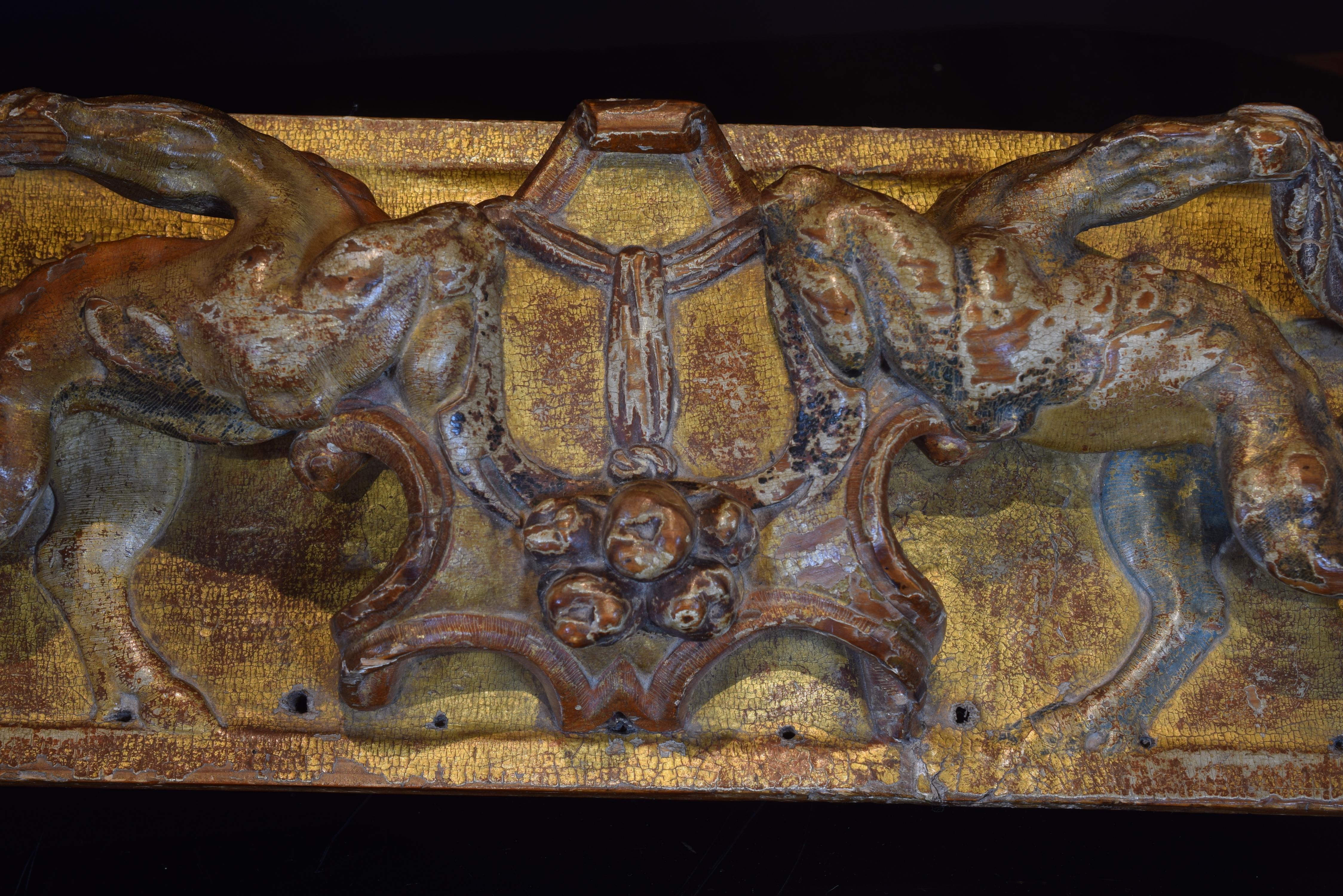Hand-Carved Frieze, Polychromed Pine Wood, 16th Century For Sale