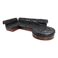 Frigerio Sectional Sofa in Black Leather and Mahogany, Italy 1970s