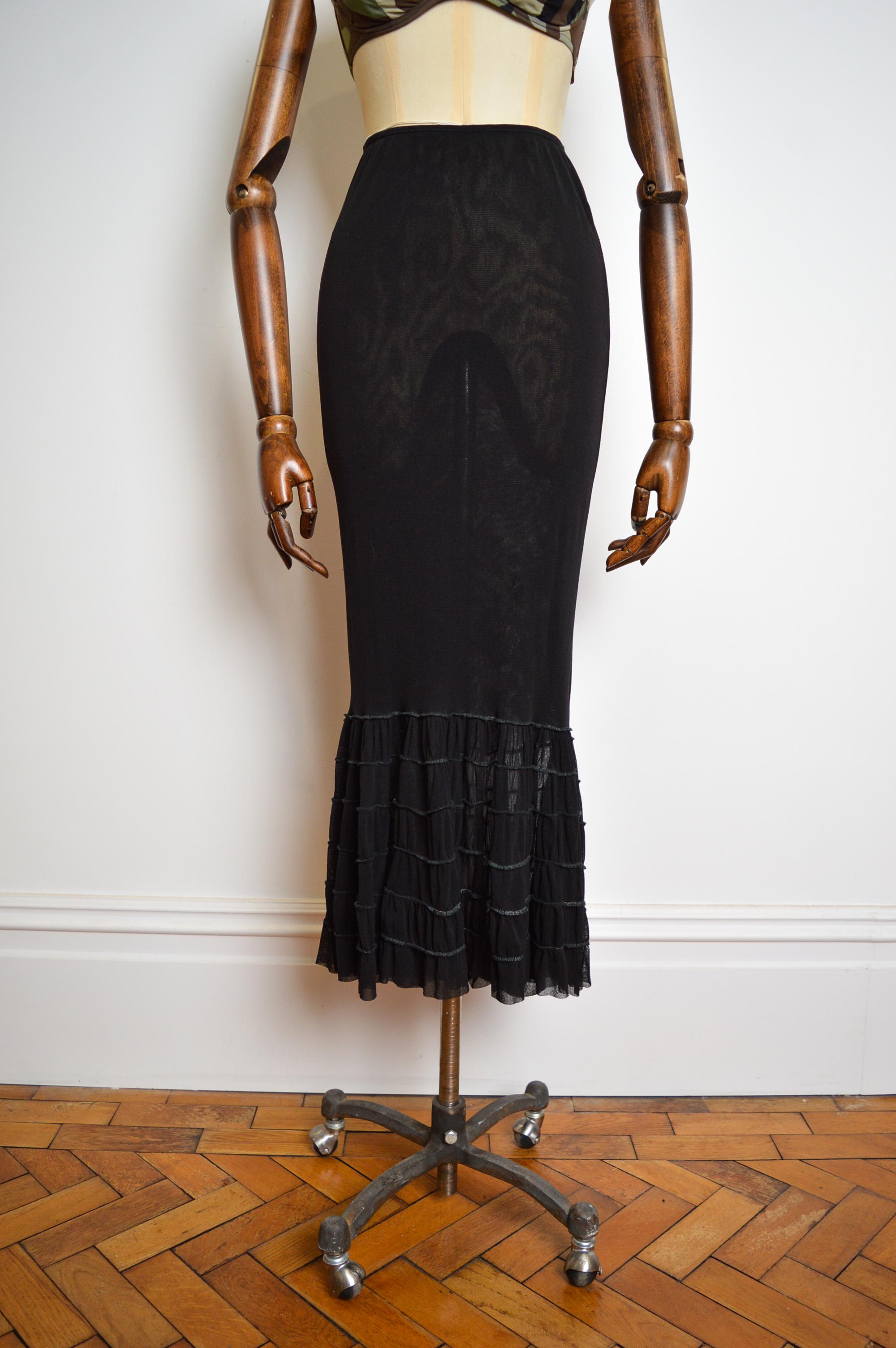 Frilly 1990's Jean Paul Gaultier Vintage Sheer Black Mesh fishtail Maxi Skirt In Excellent Condition For Sale In Sheffield, GB