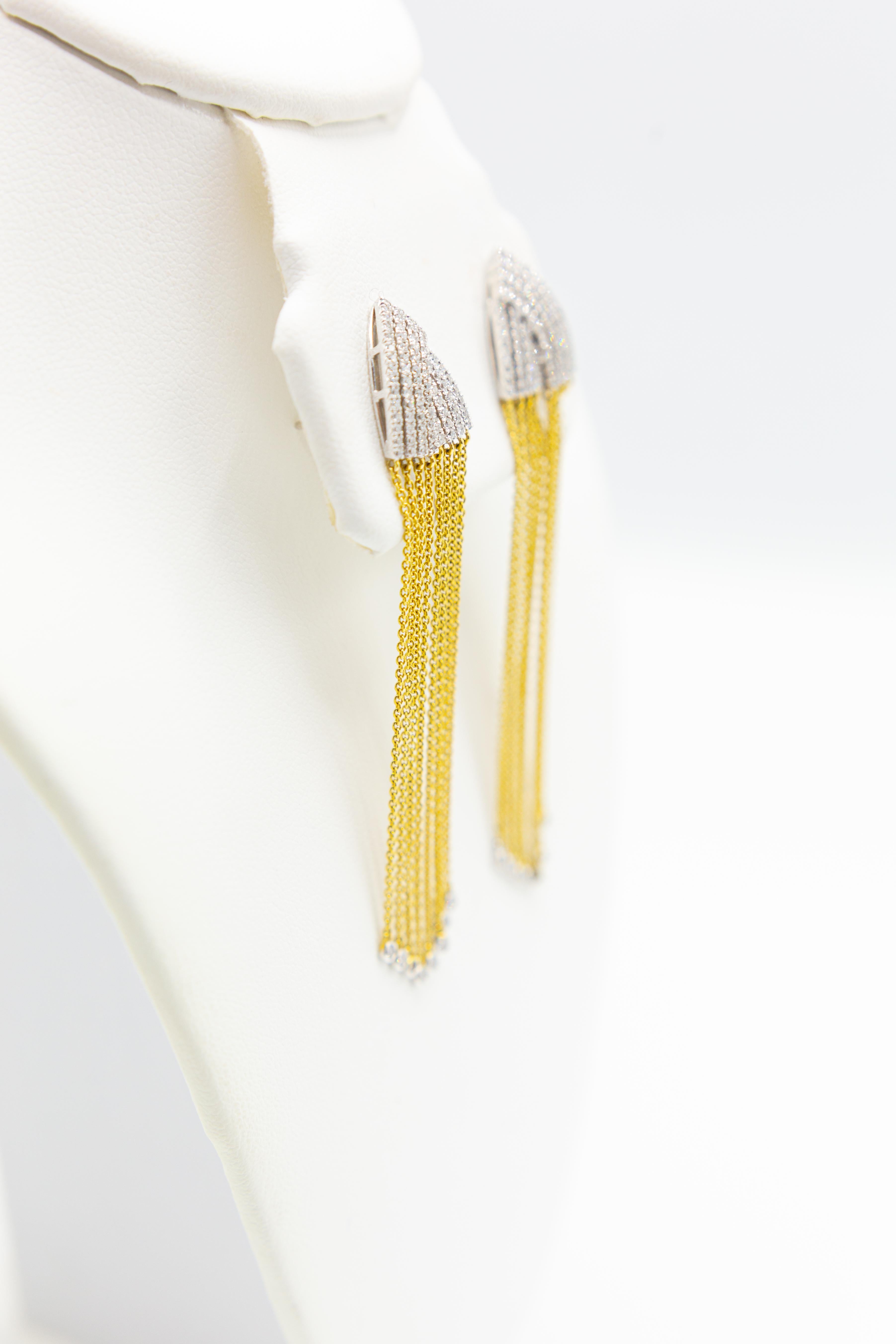 Round Cut Fringe Diamond Drop Earrings 18 Karat Yellow and White Gold For Sale