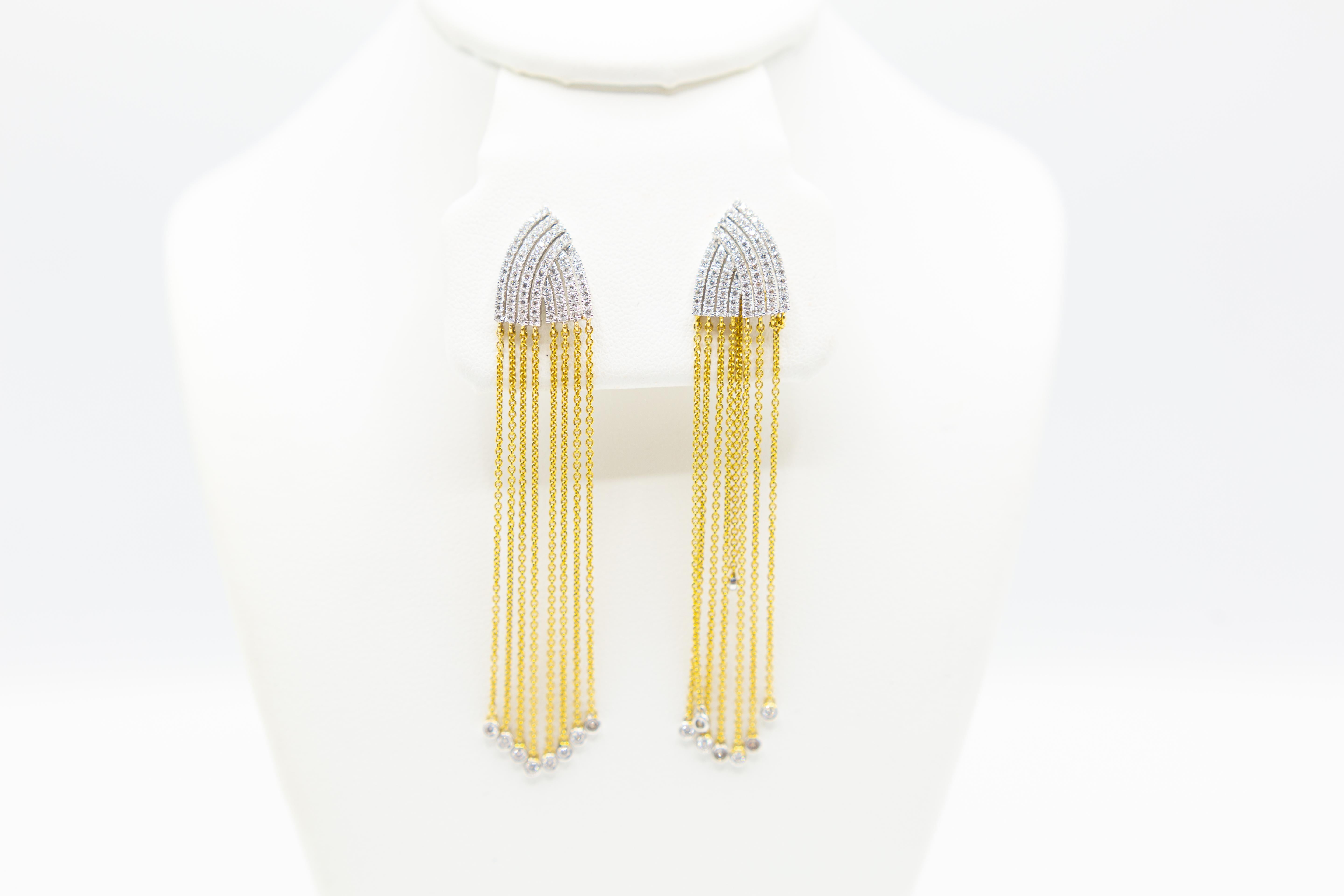Fringe Diamond Drop Earrings 18 Karat Yellow and White Gold In Excellent Condition For Sale In Houston, TX