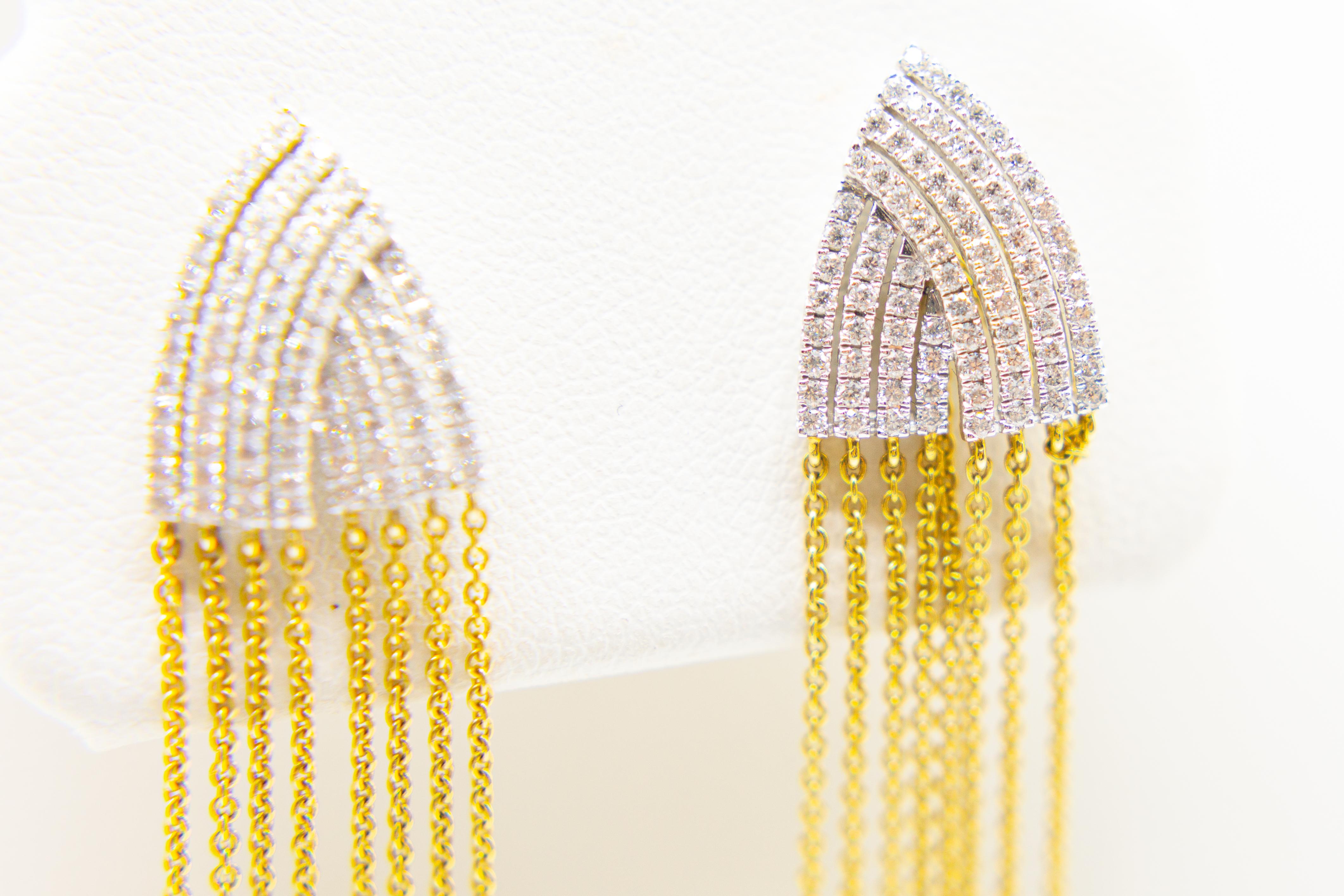 Women's Fringe Diamond Drop Earrings 18 Karat Yellow and White Gold For Sale