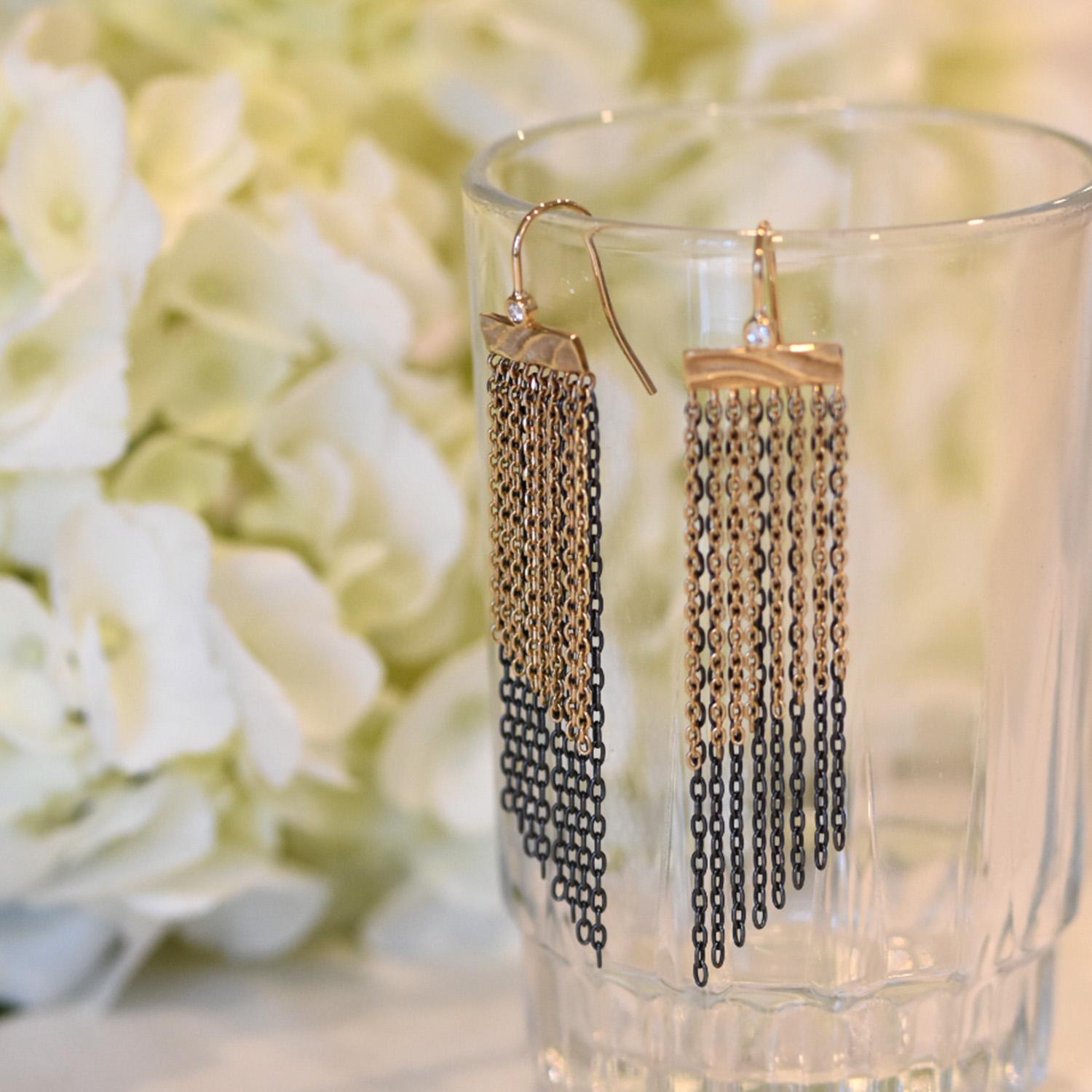 Contemporary Fringe Earrings in 14 Karat Gold and Sterling Silver with 0.07 Carat Diamonds For Sale