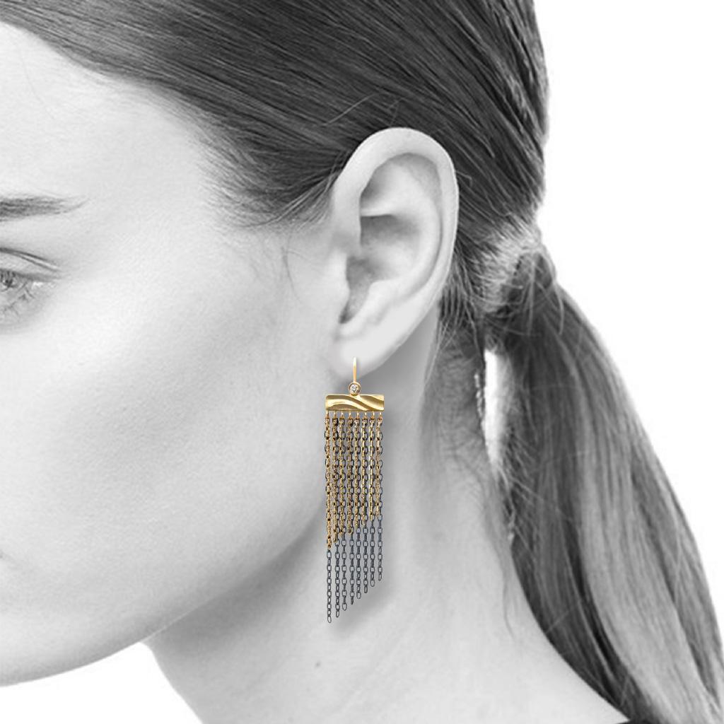 Brilliant Cut Fringe Earrings in 14 Karat Gold and Sterling Silver with 0.07 Carat Diamonds For Sale